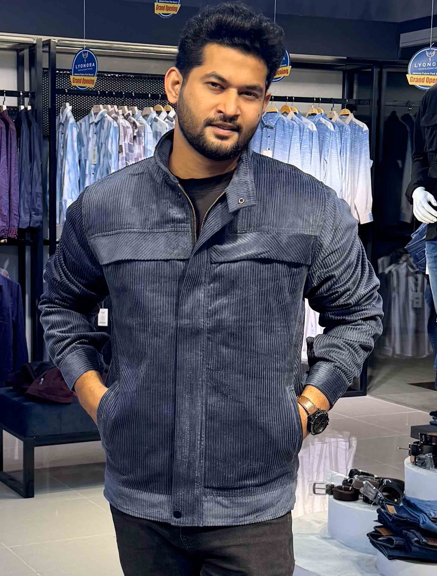 Pewter color chest plated corduroy jacket