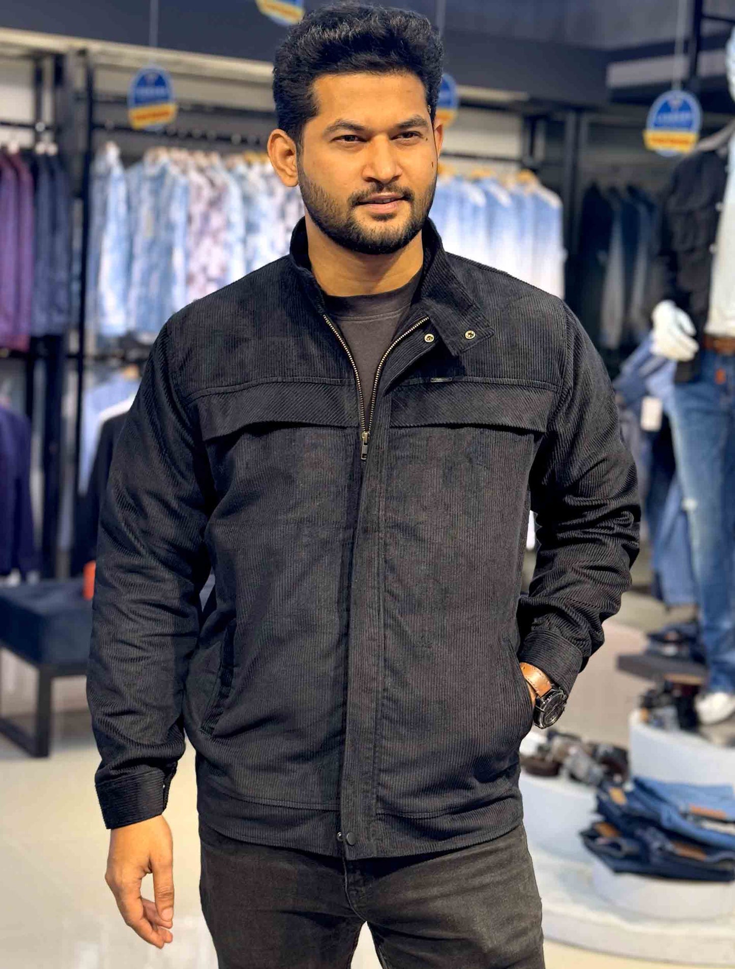 Black chest plated corduroy jacket