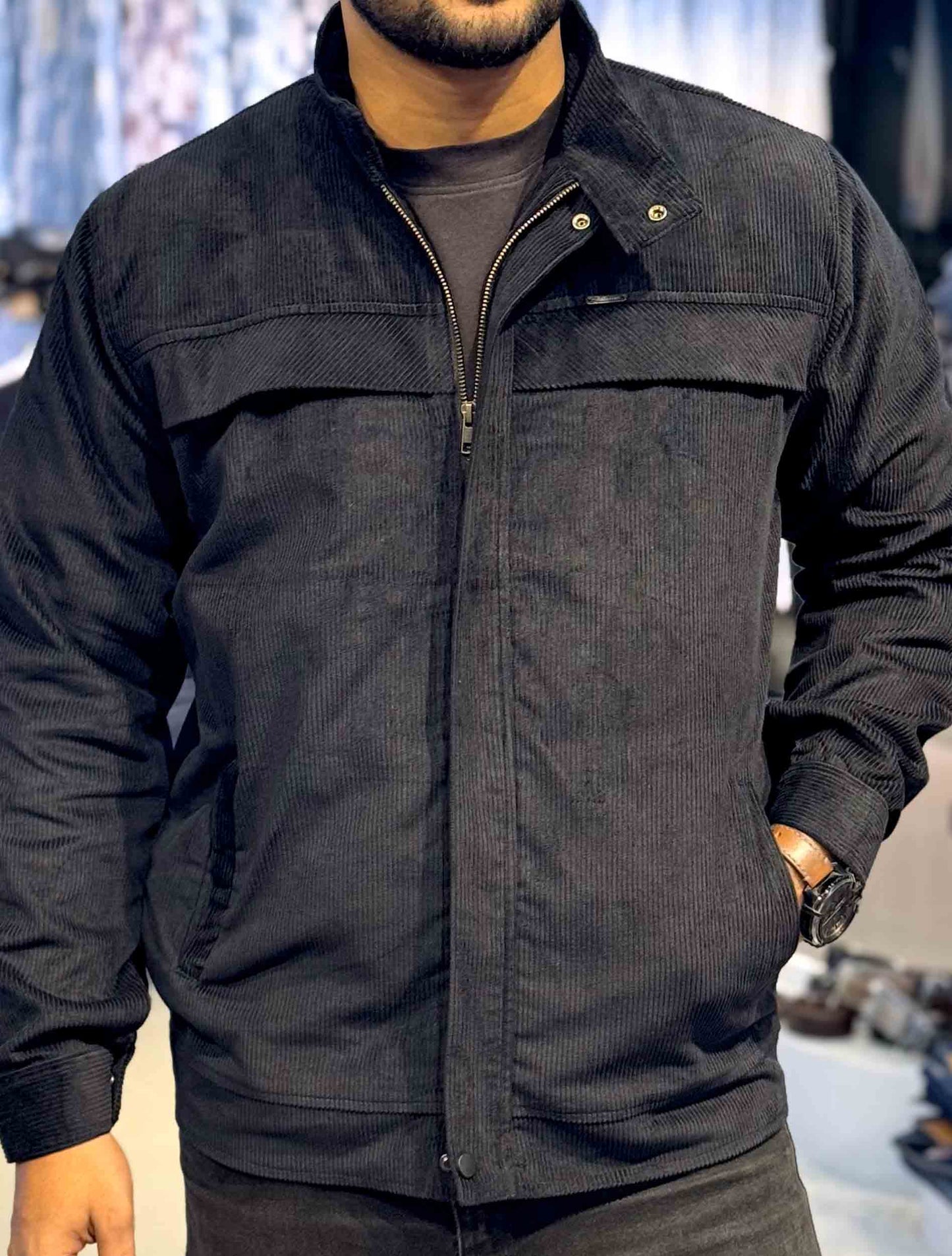Black chest plated corduroy jacket