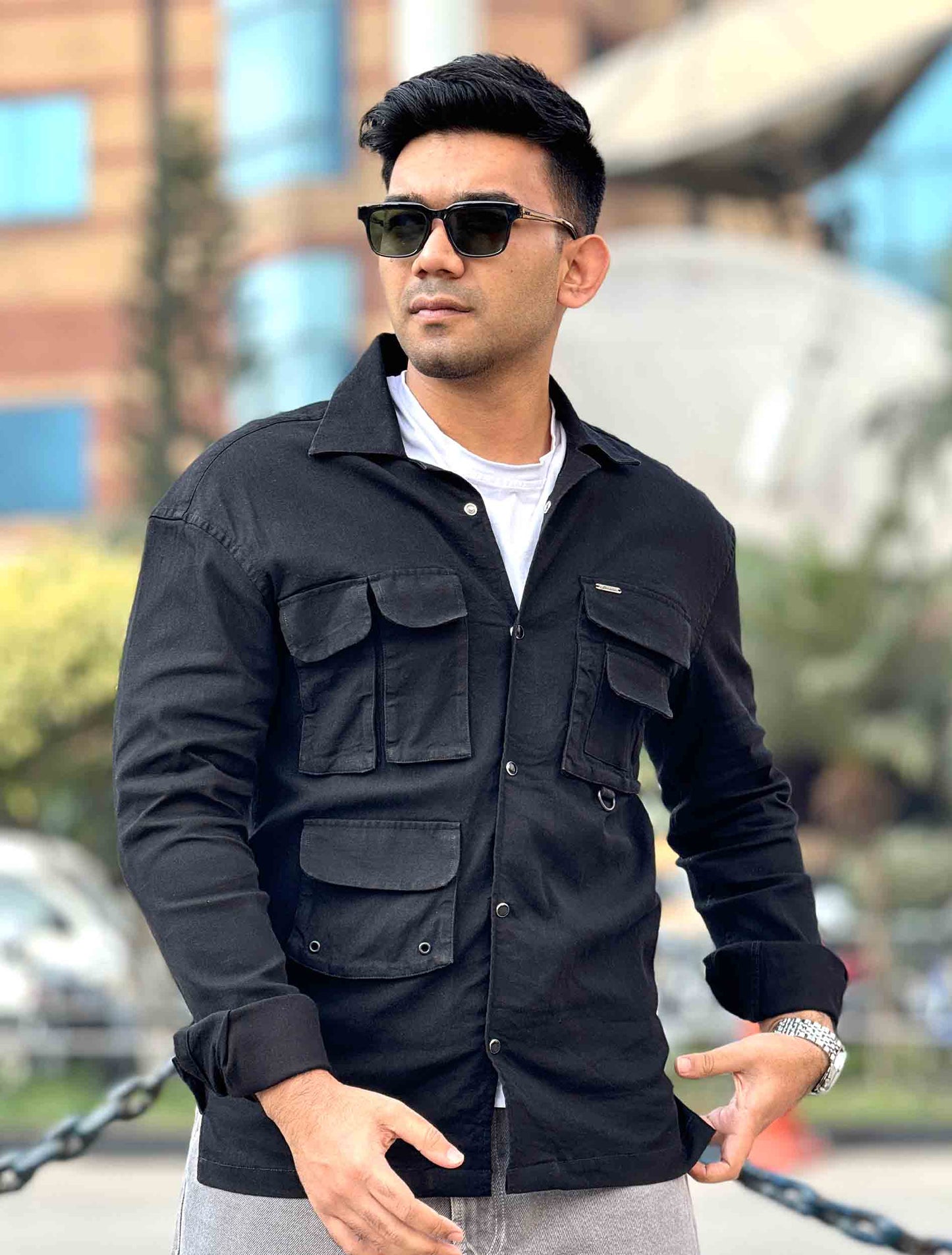 Black multi pocket denim premium shacket