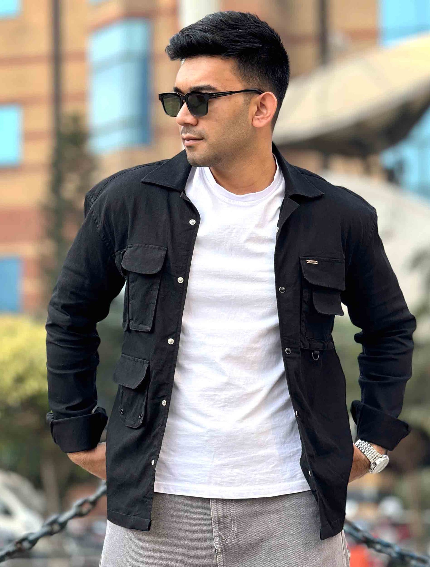 Black multi pocket denim premium shacket