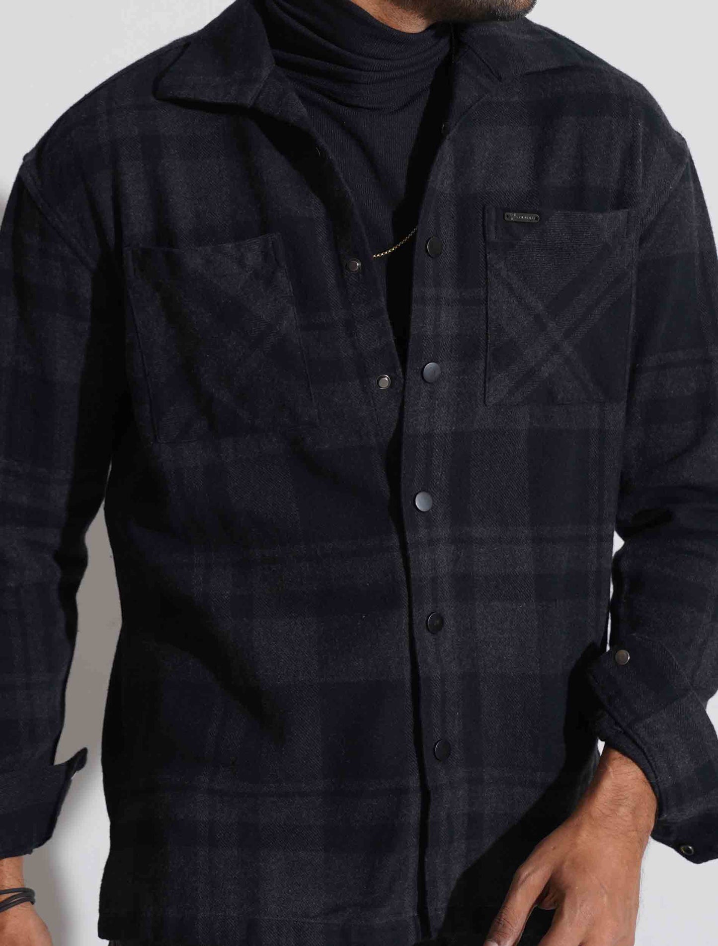 Black flannel check shacket