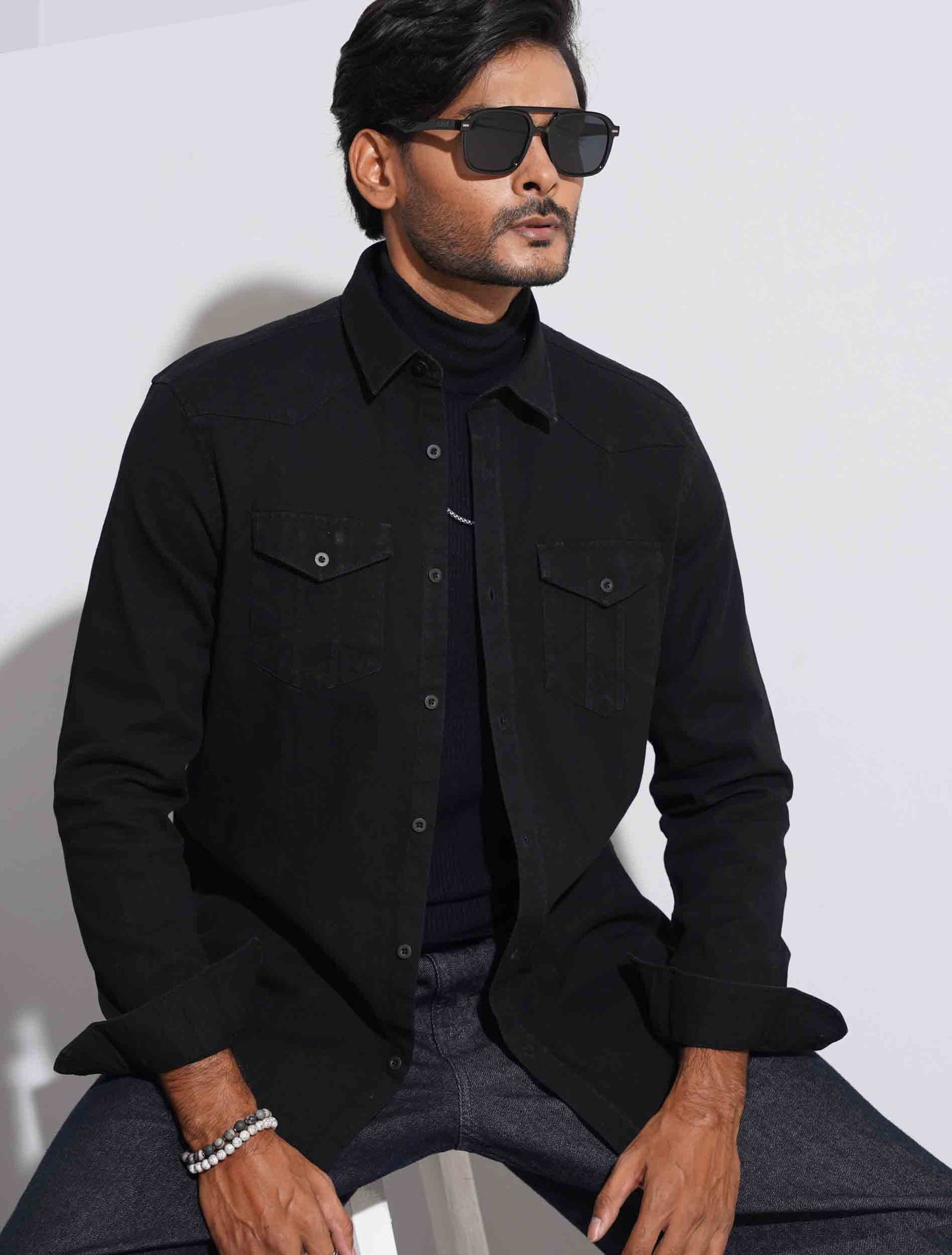 Black double pocket denim full sleeve shirt