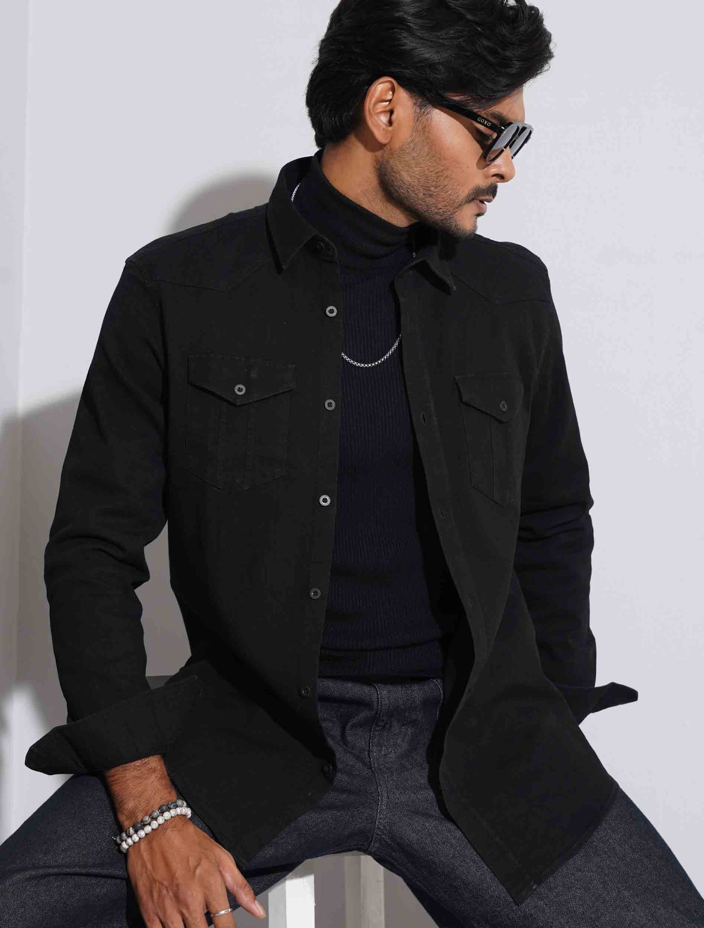 Black double pocket denim full sleeve shirt