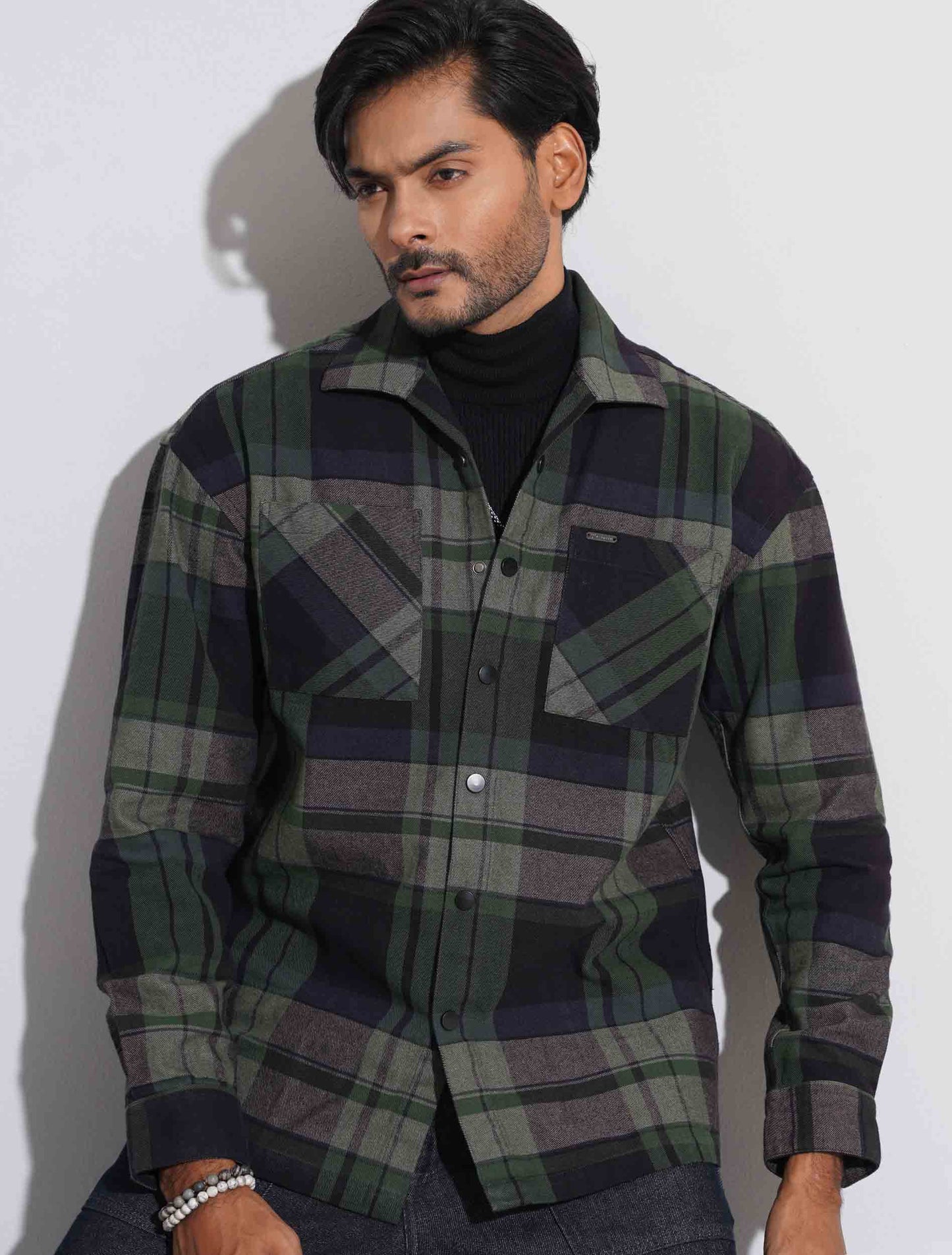 Green black flannel shacket