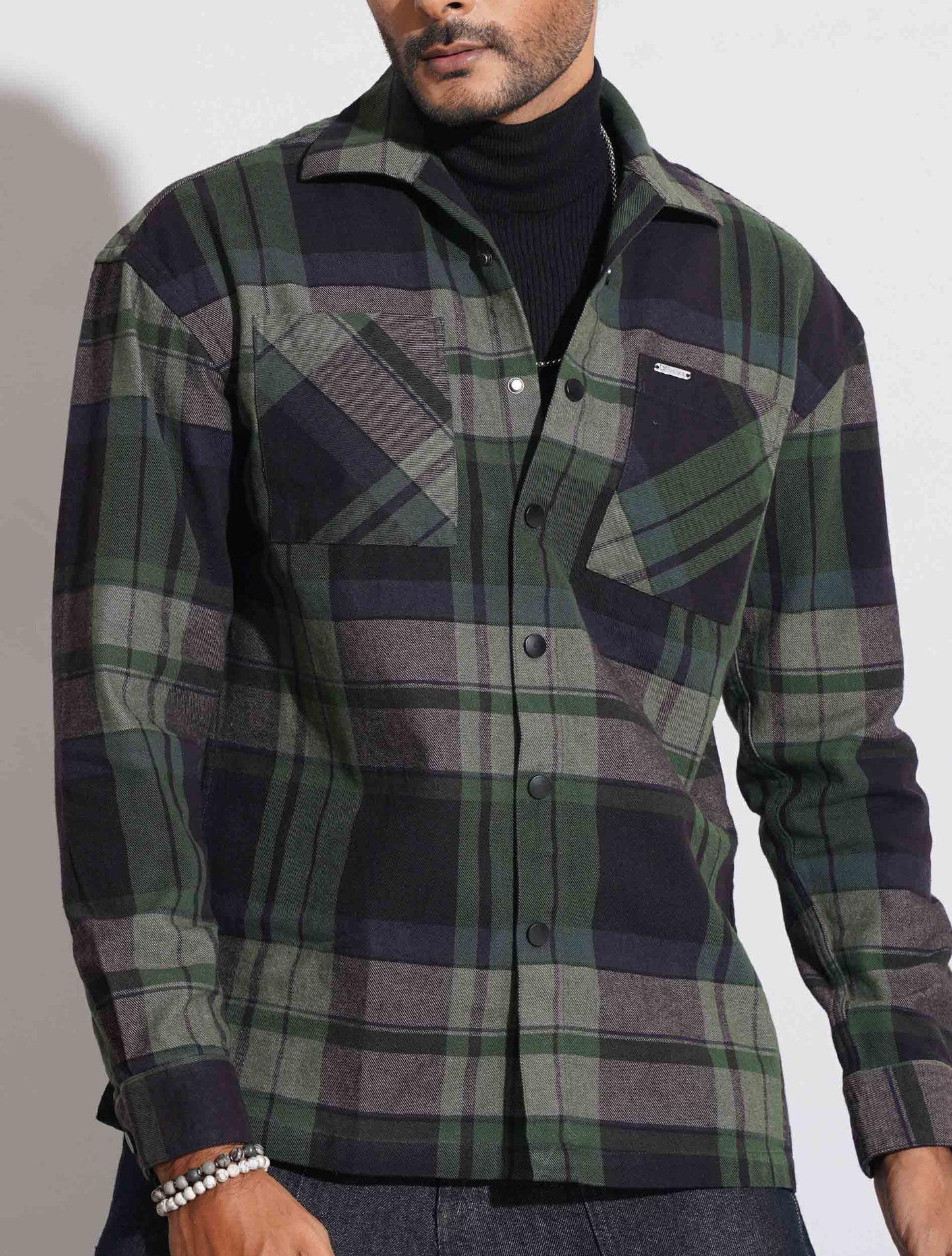 Green black flannel shacket
