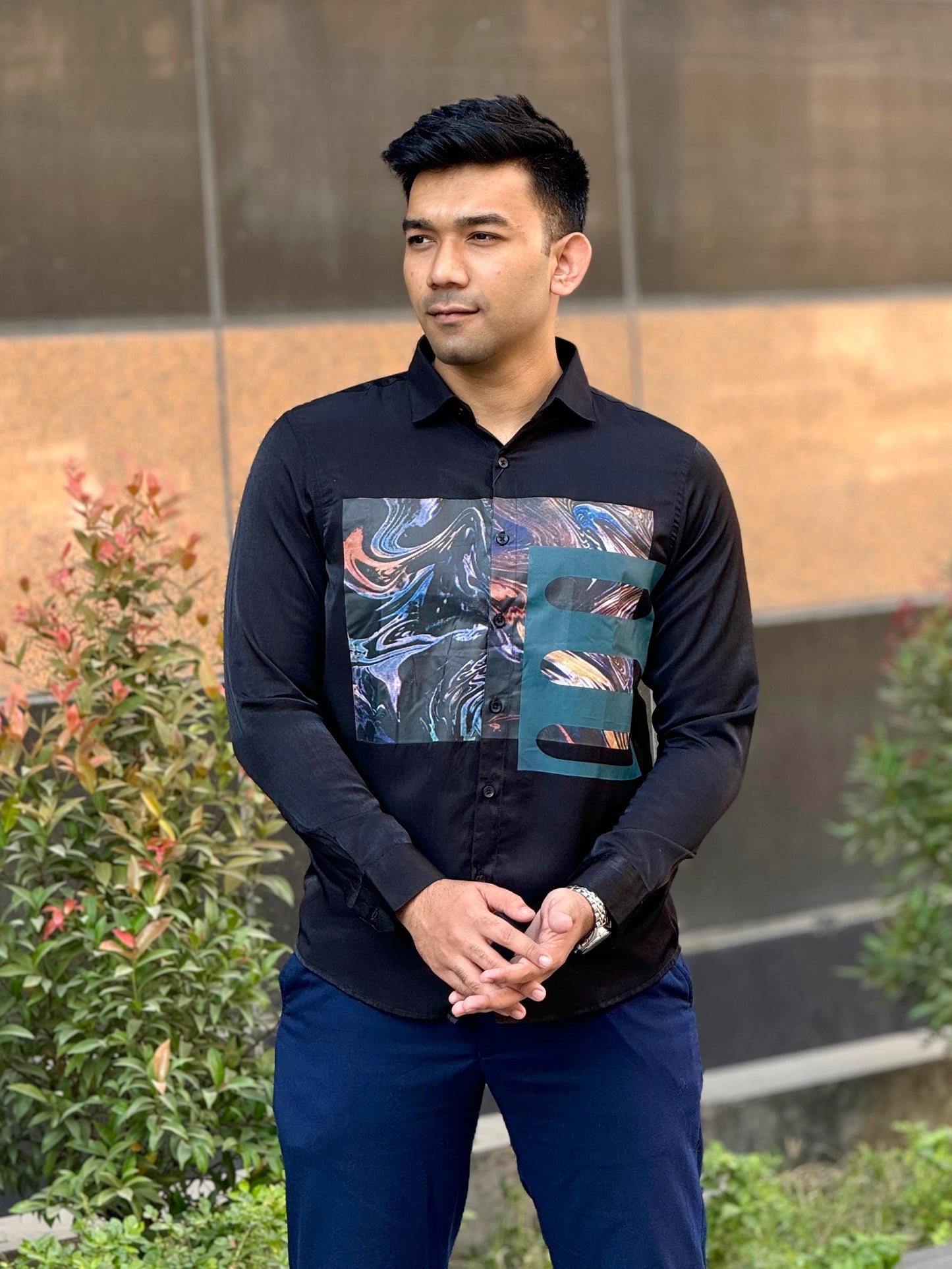 Black 3D chest printed full sleeve shirt