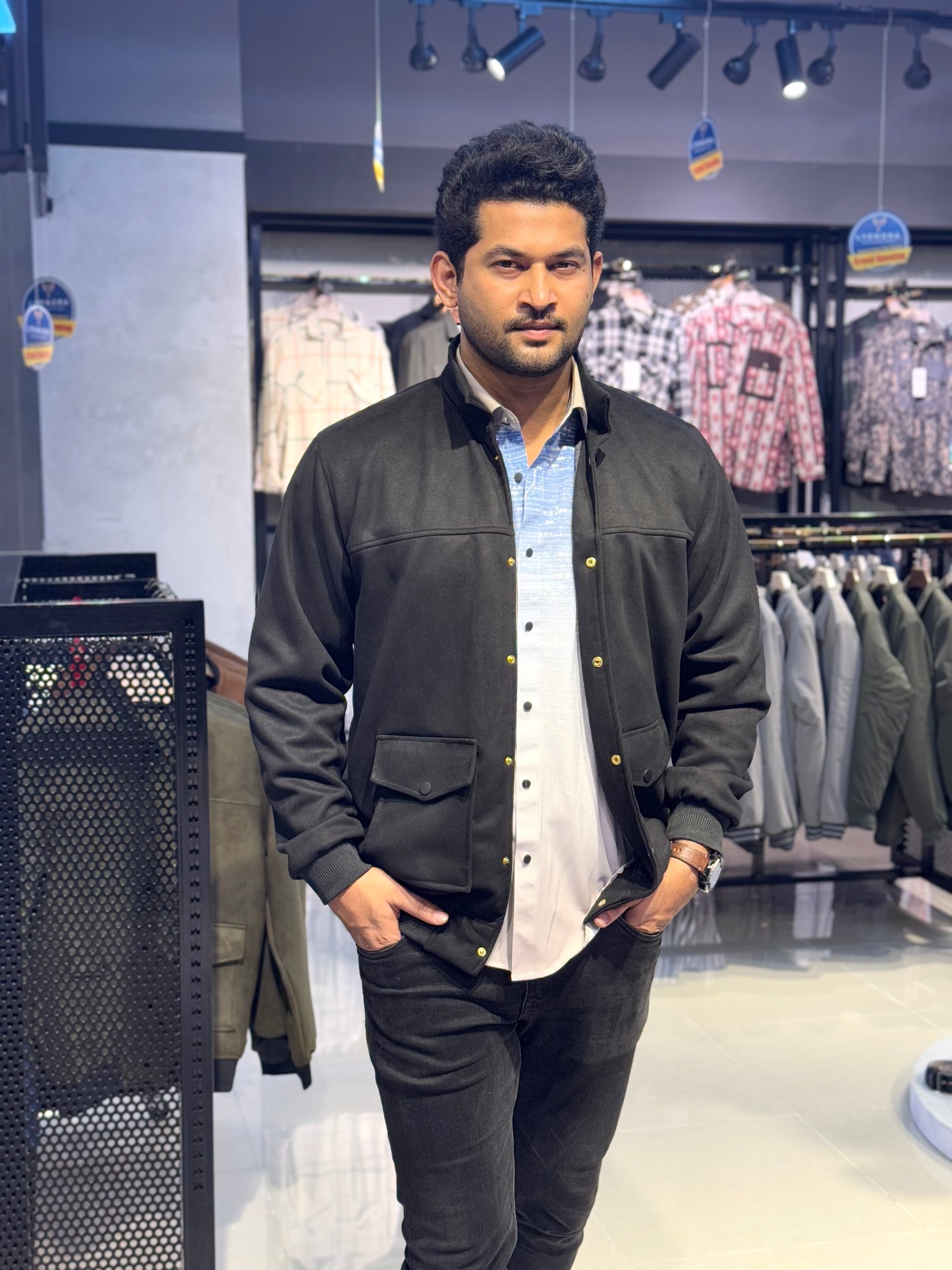 Black suede leather high neck jacket