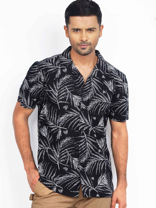 Black tropical palm leaf printed hawaiian shirt