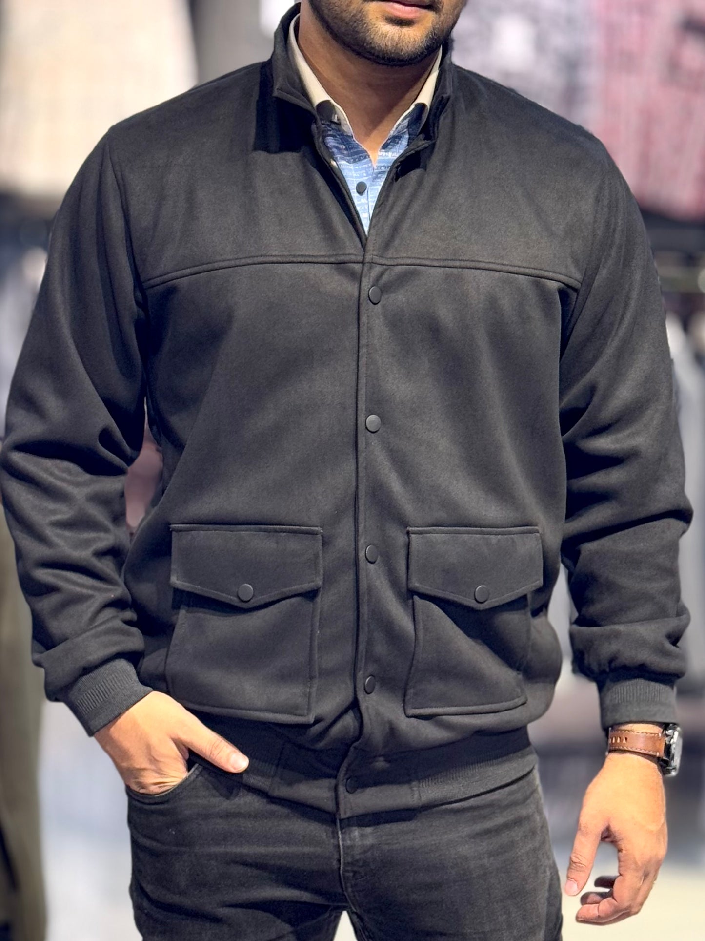 Black suede leather high neck jacket