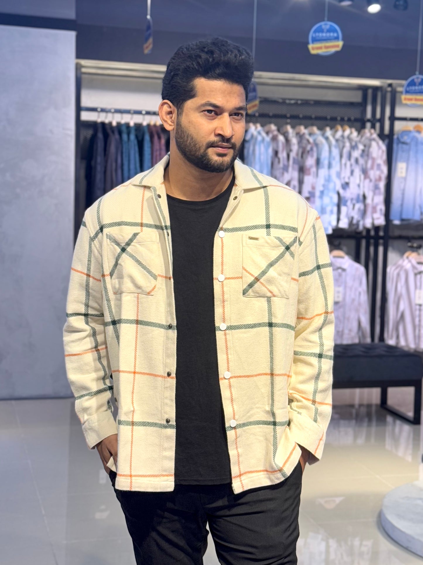 Cream green orange check premium shacket