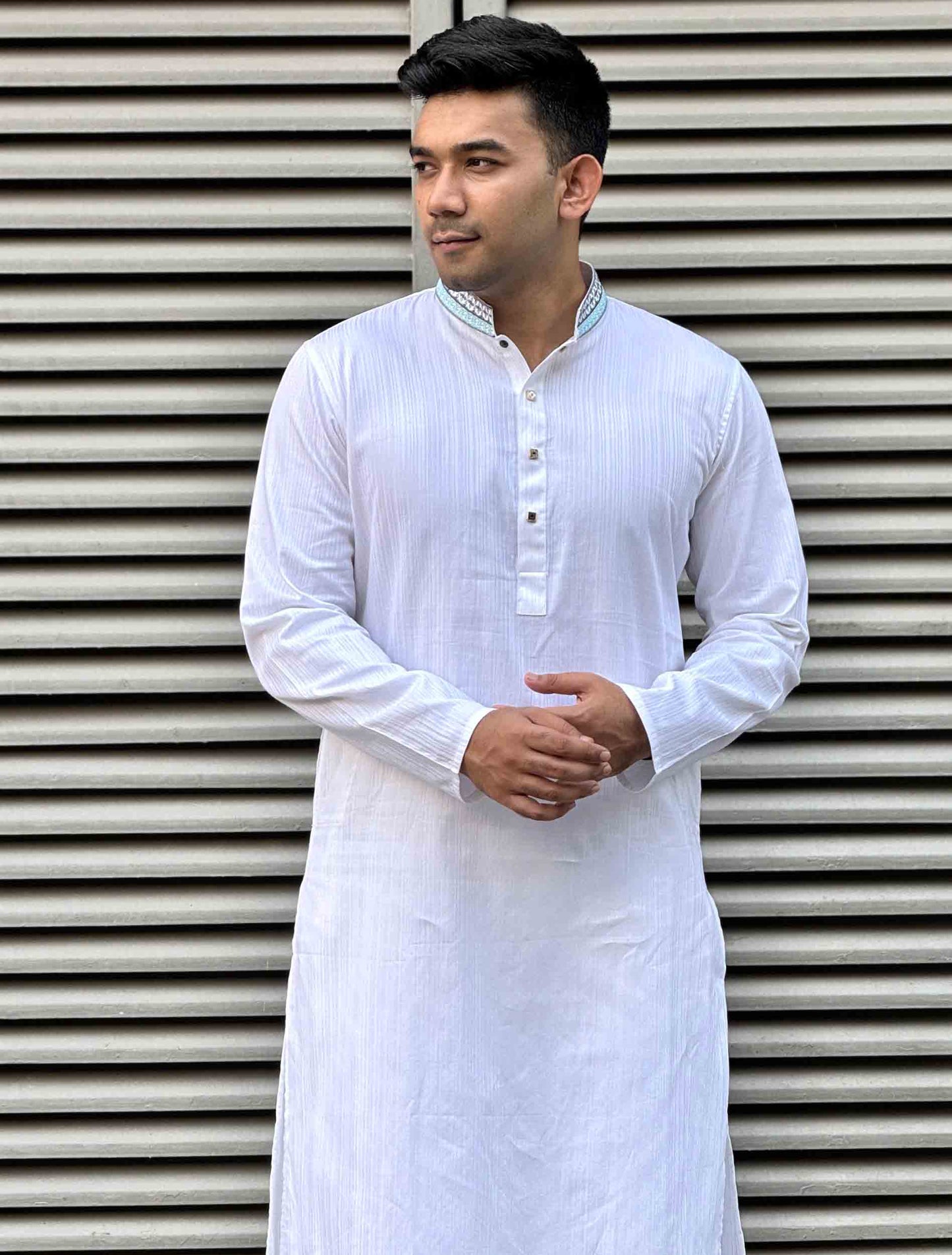 White stripe texture collar Embroidery design Premium Panjabi
