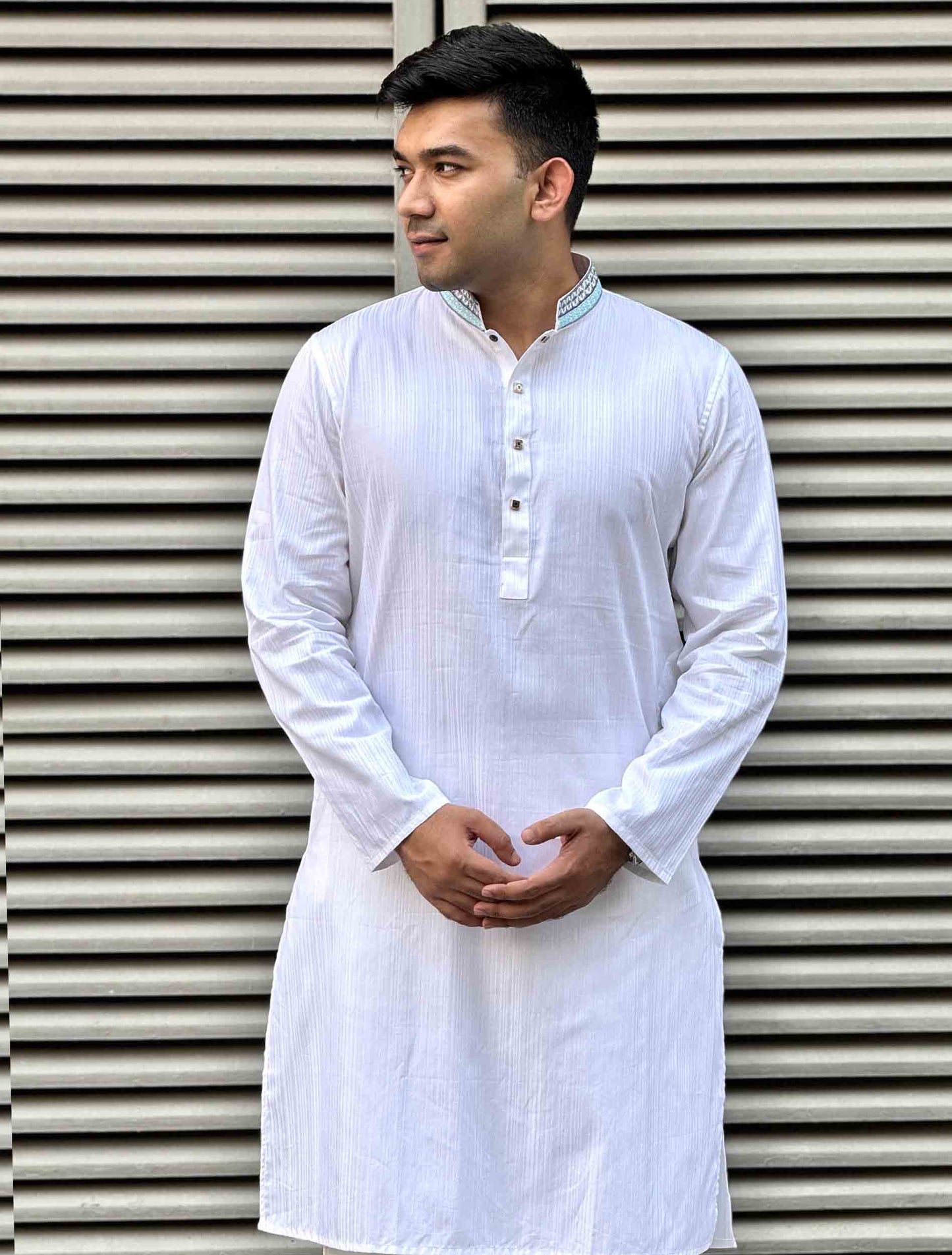 White stripe texture collar Embroidery design Premium Panjabi