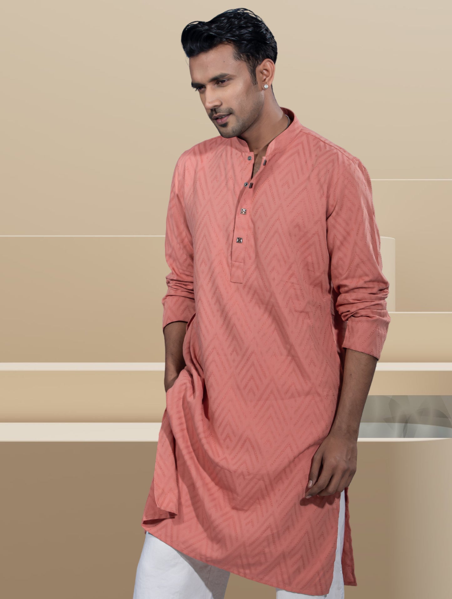 Coral Pink Texture Premium Cotton Panjabi