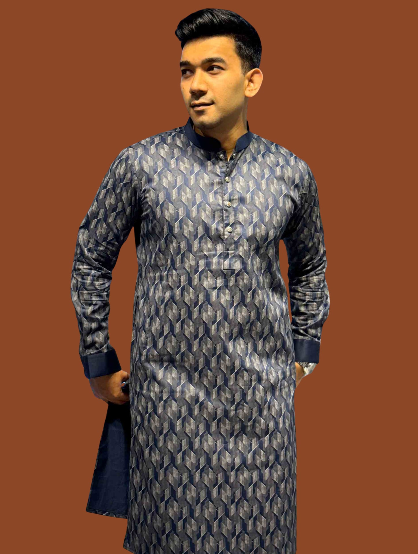 Midnight blue 3D abstract Printed Premium panjabi