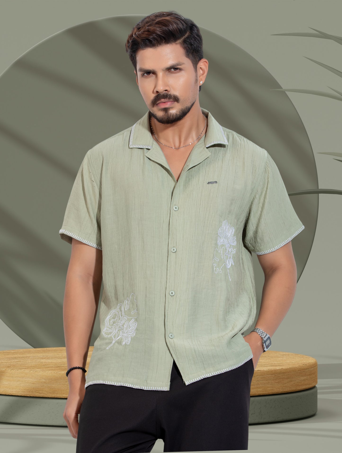 Olive Flower Embroidery Viscos havana shirt