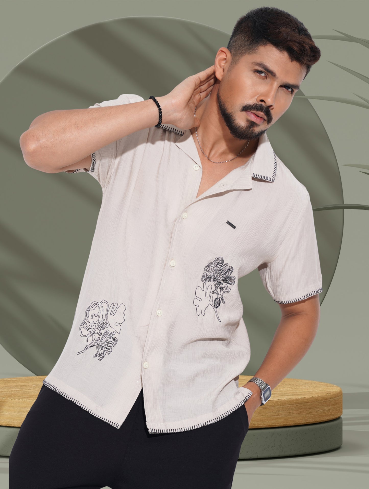 Cream Flower Embroidery Viscos havana shirt