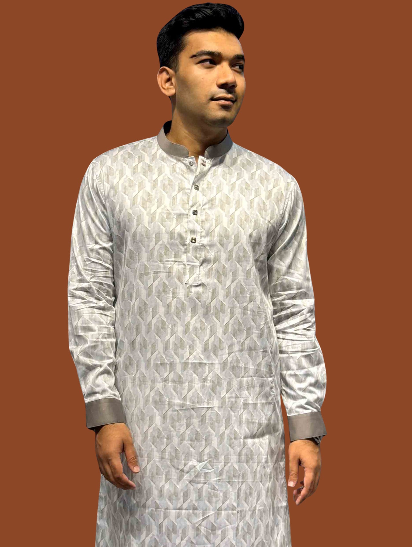 White 3D Abstract Printed Premium Panjabi