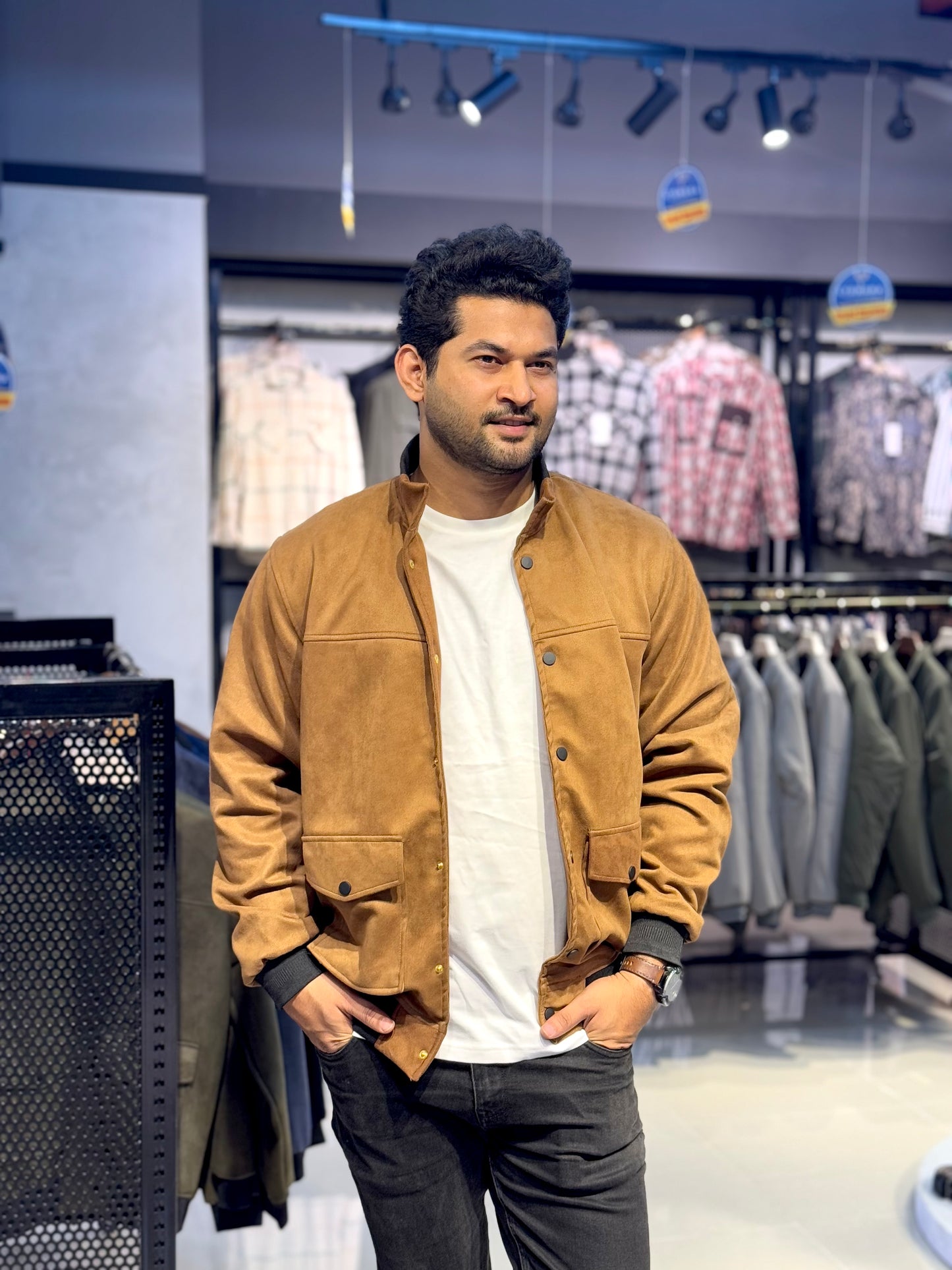 Mustard color suede leather high neck jacket