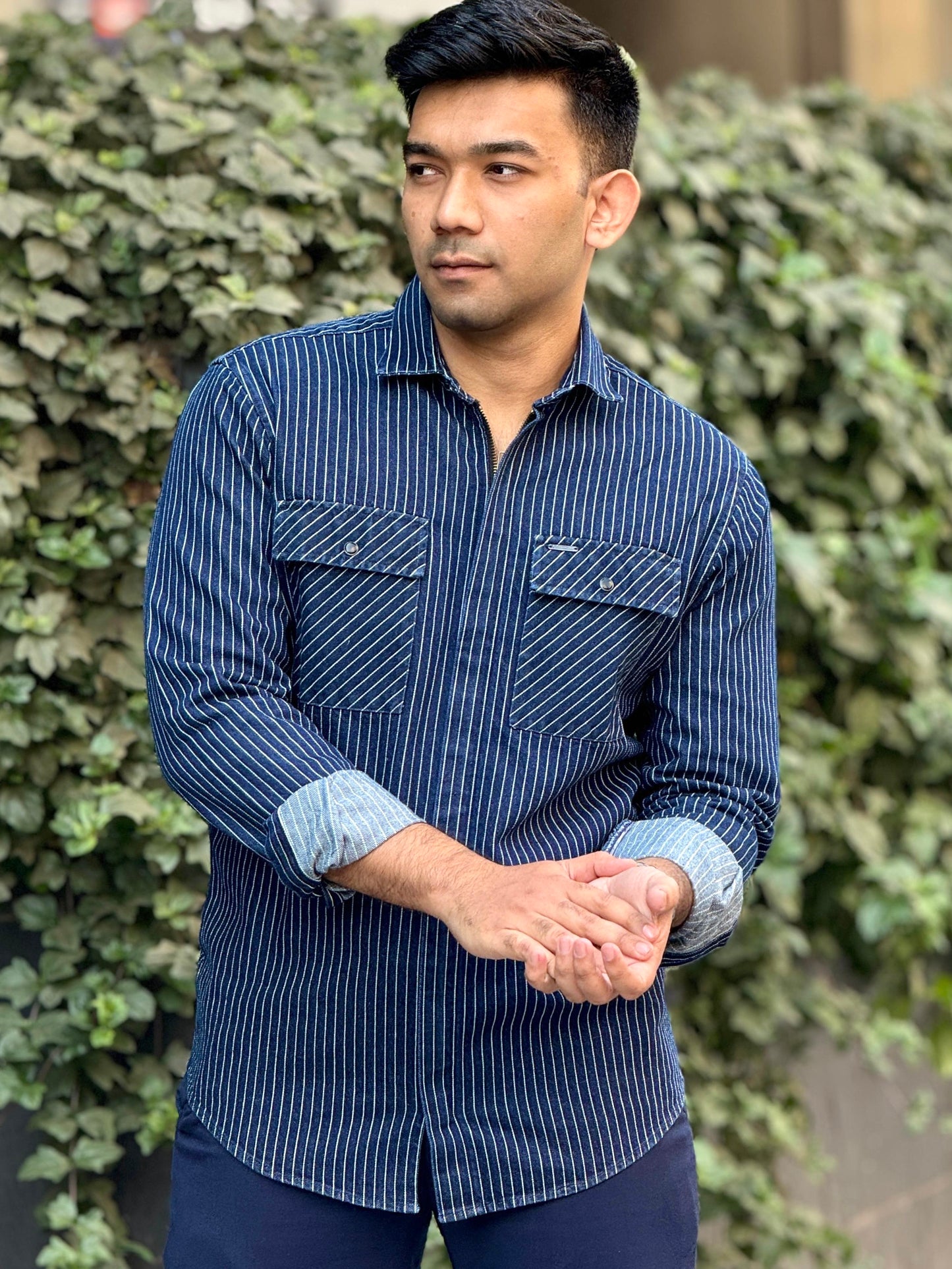 Blue stripe chain design denim full sleeve