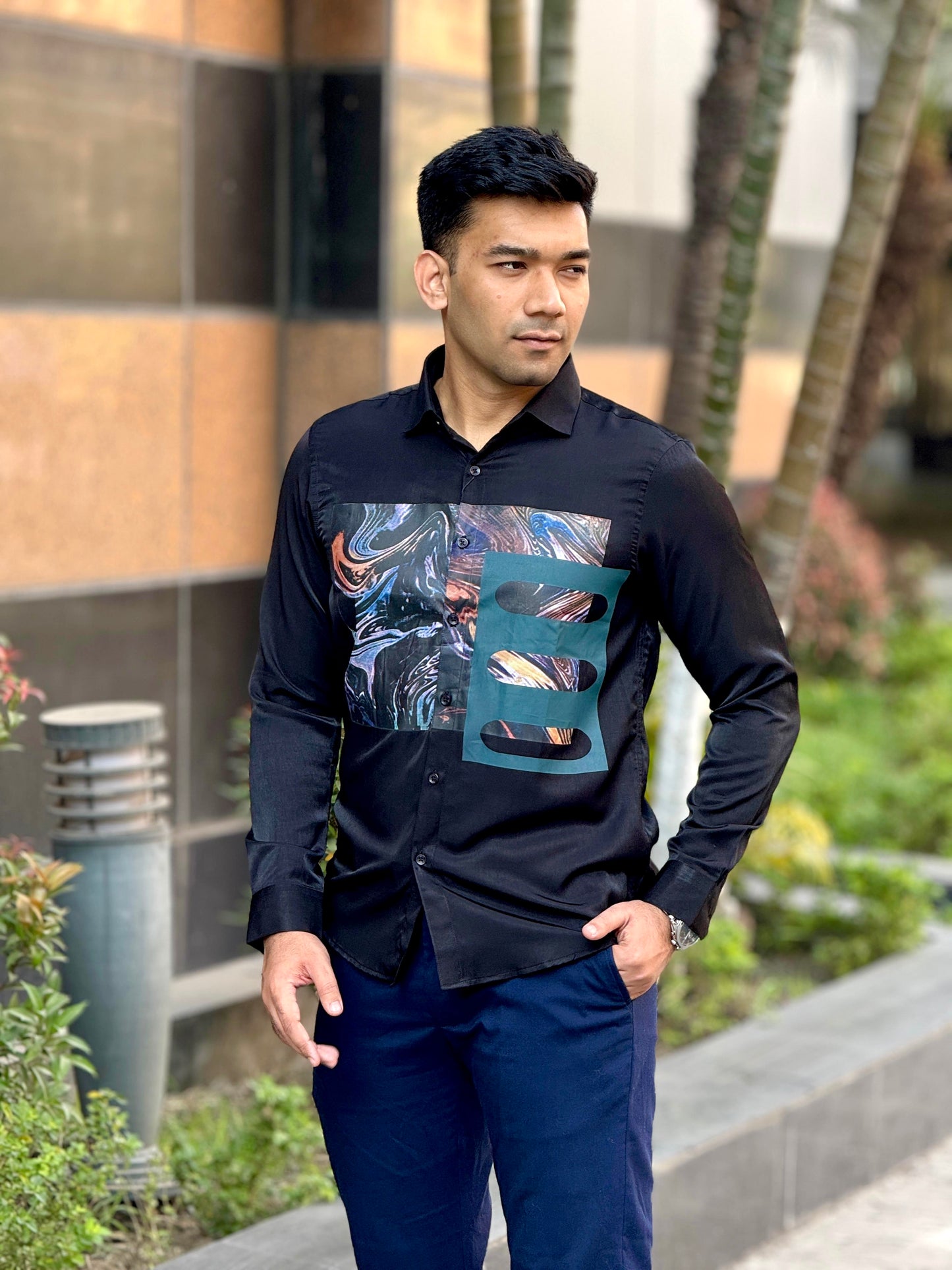 Black 3D chest printed full sleeve shirt