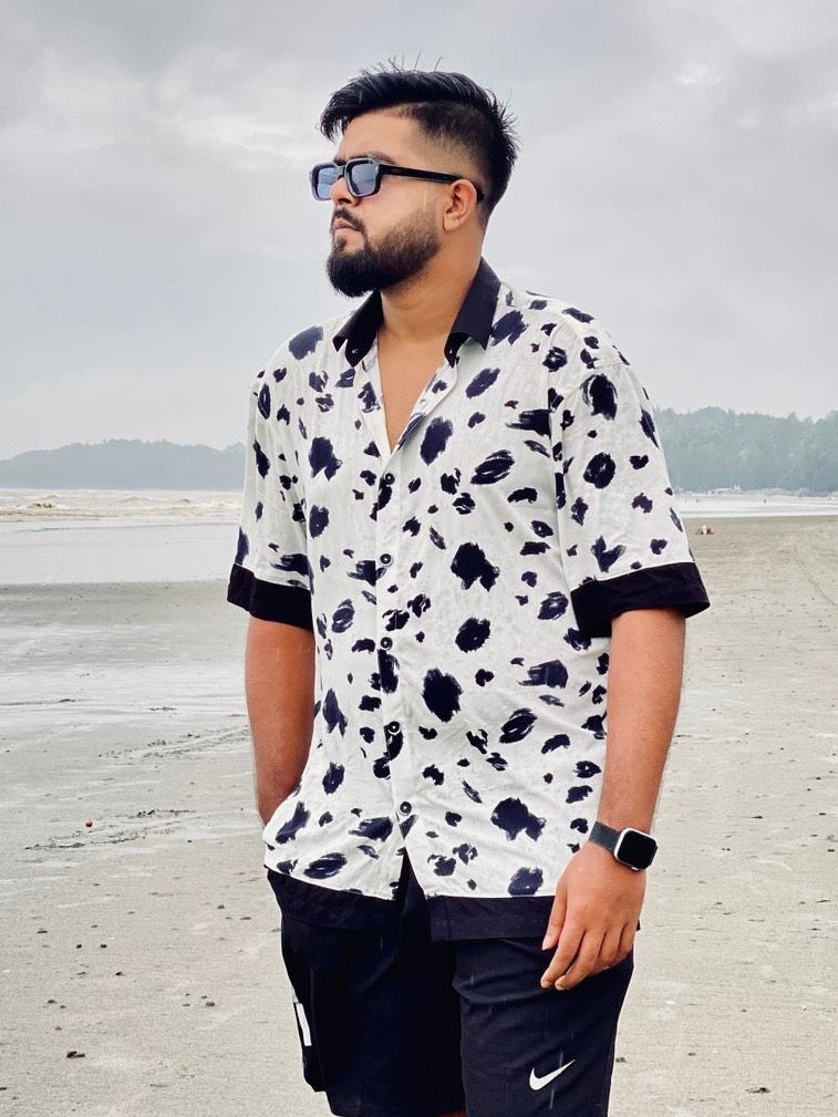 White and black coco print Drop-shoulder half sleeve
