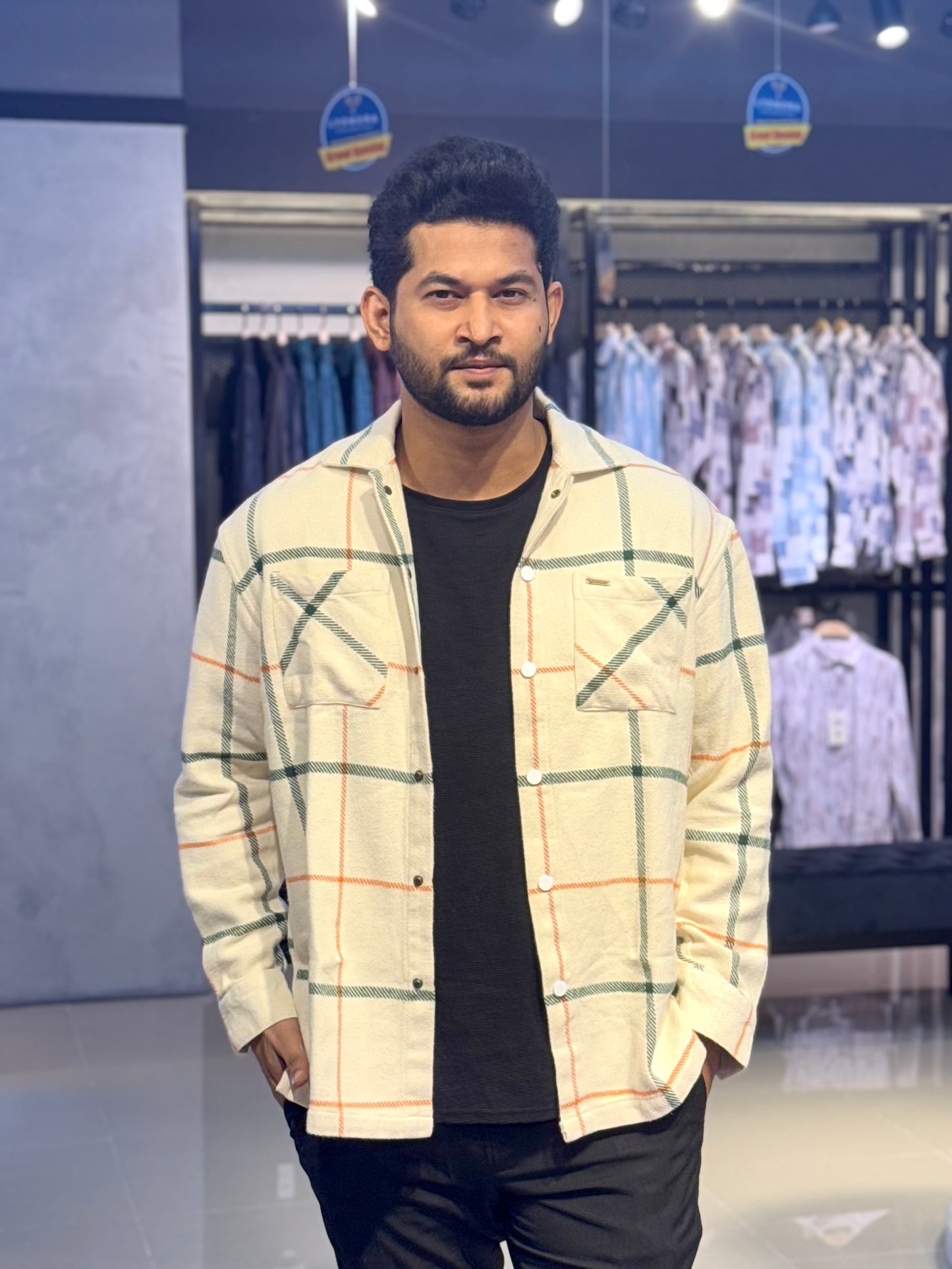 Cream green orange check premium shacket