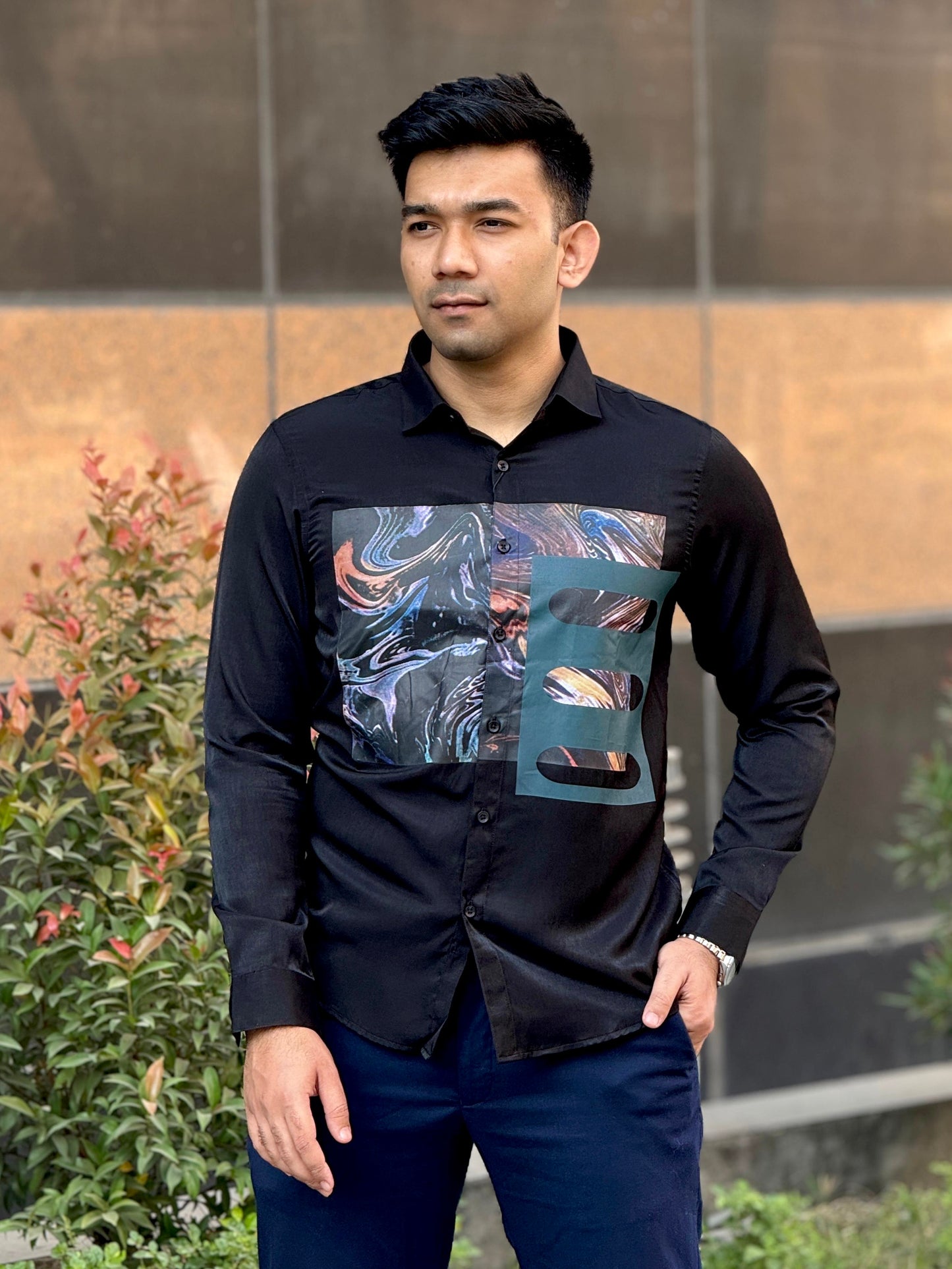 Black 3D chest printed full sleeve shirt