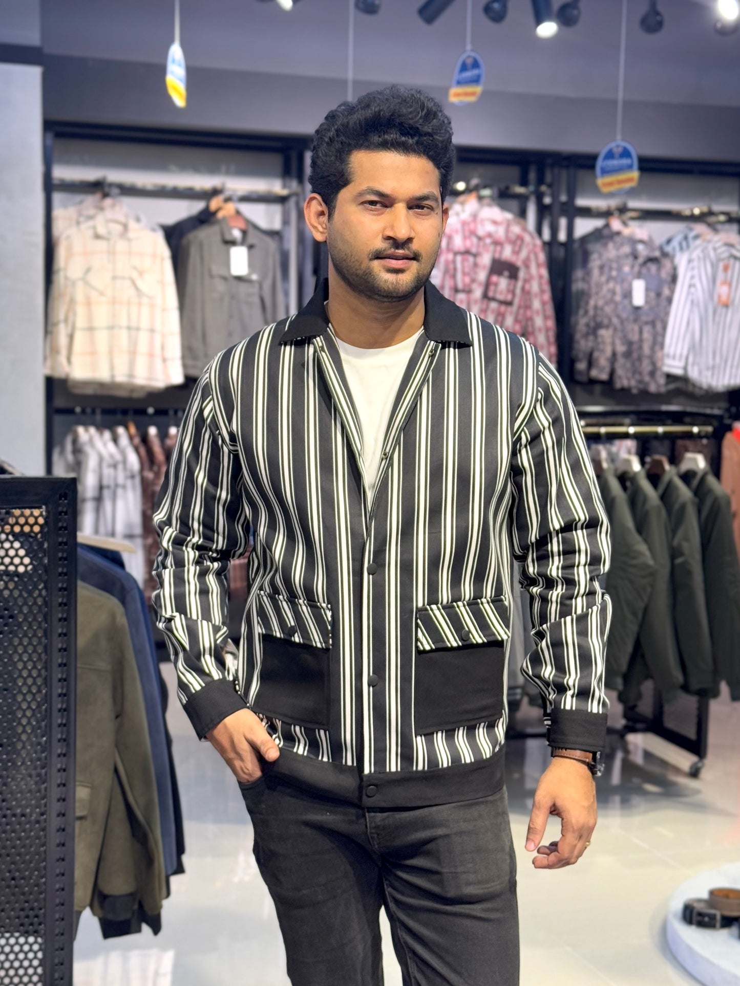 Black and white stripe denim jacket