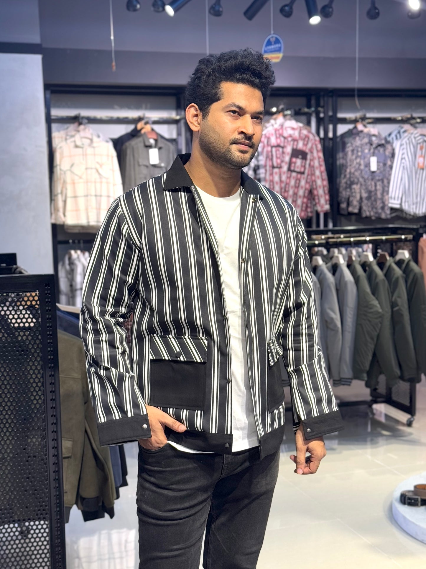 Black and white stripe denim jacket