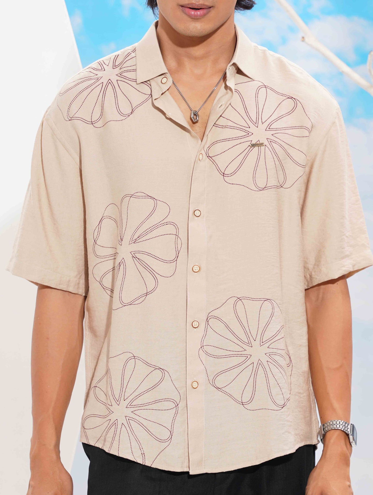 Cream chest printed drop shoulder shirt