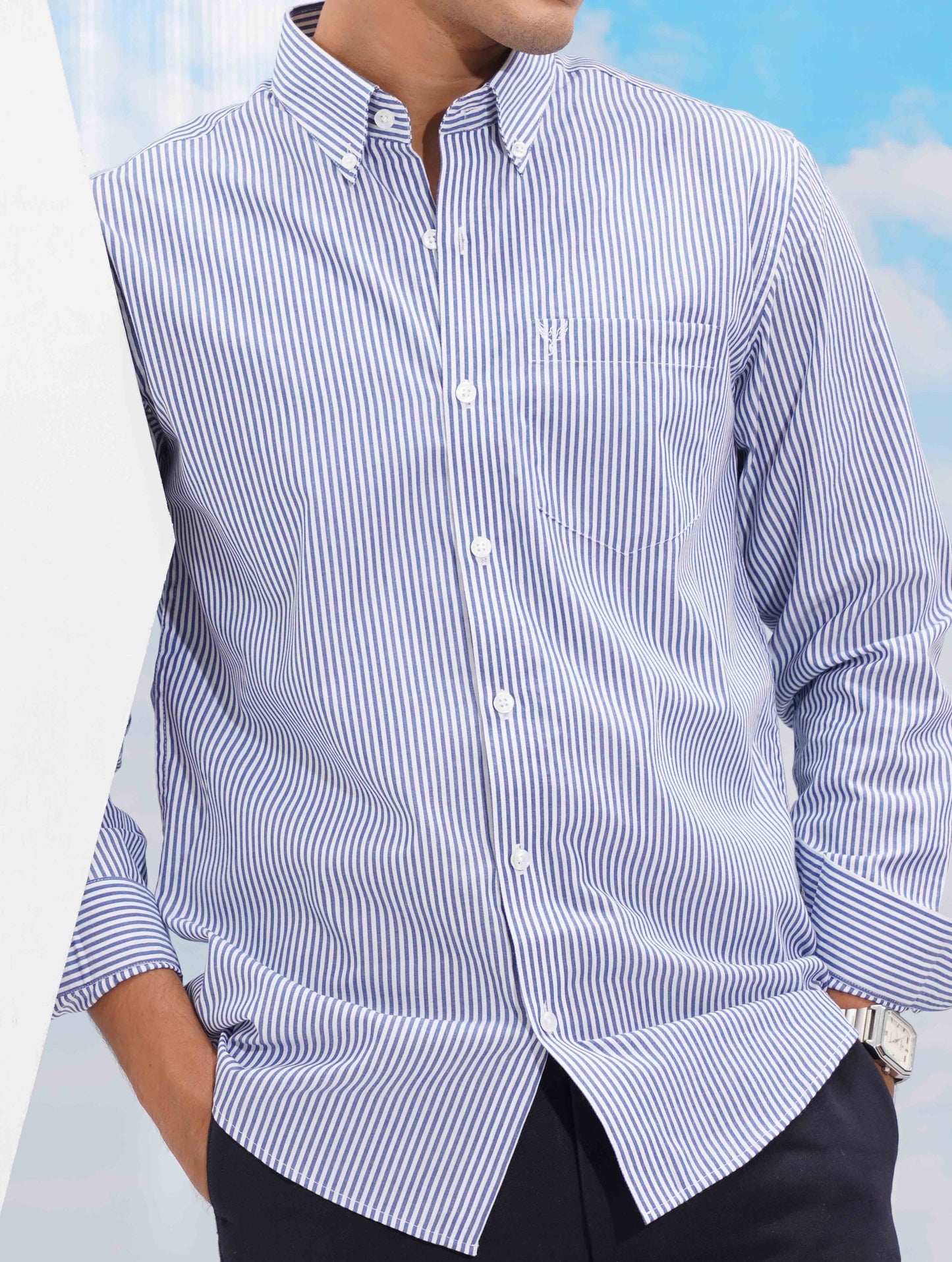 White blue Stripe collar button Formal shirt