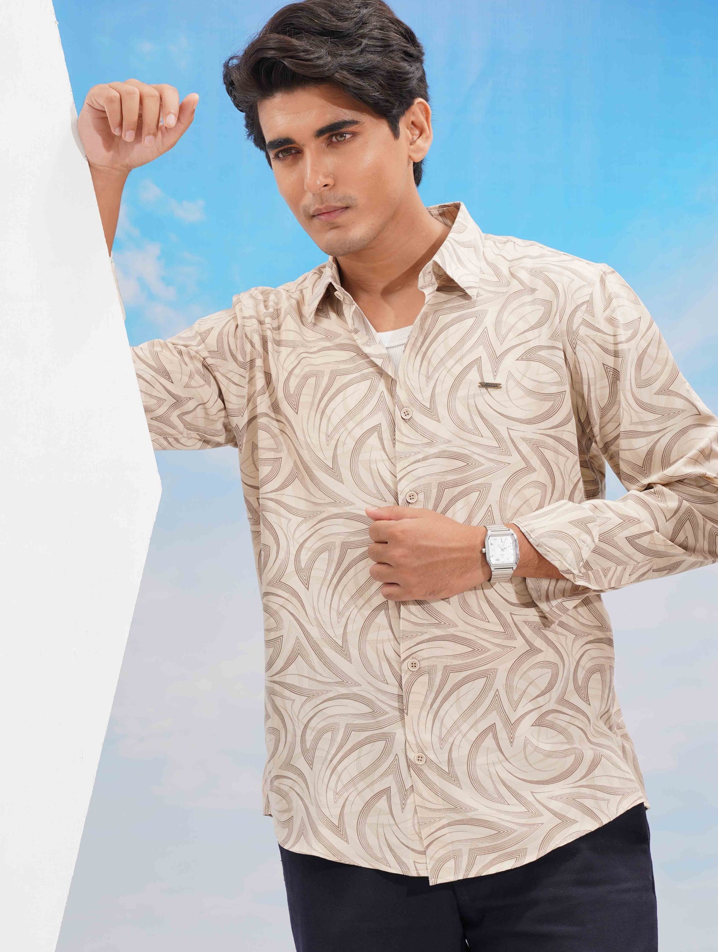 Beige Contour Printed Premium Full Sleeve Shirt