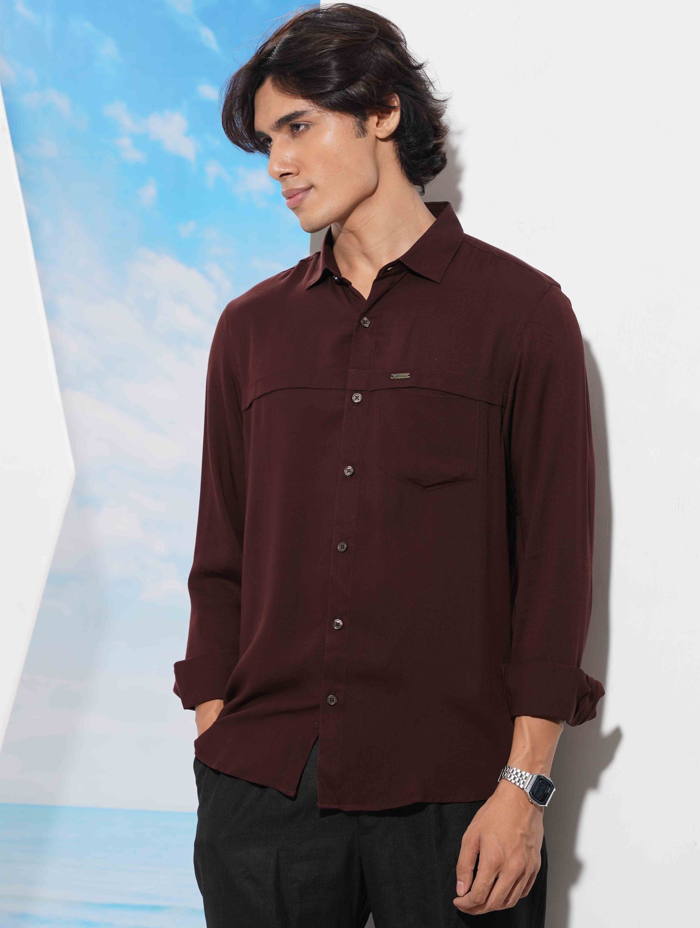 Maroon Chest Plated Premium Full Sleeve Shirt