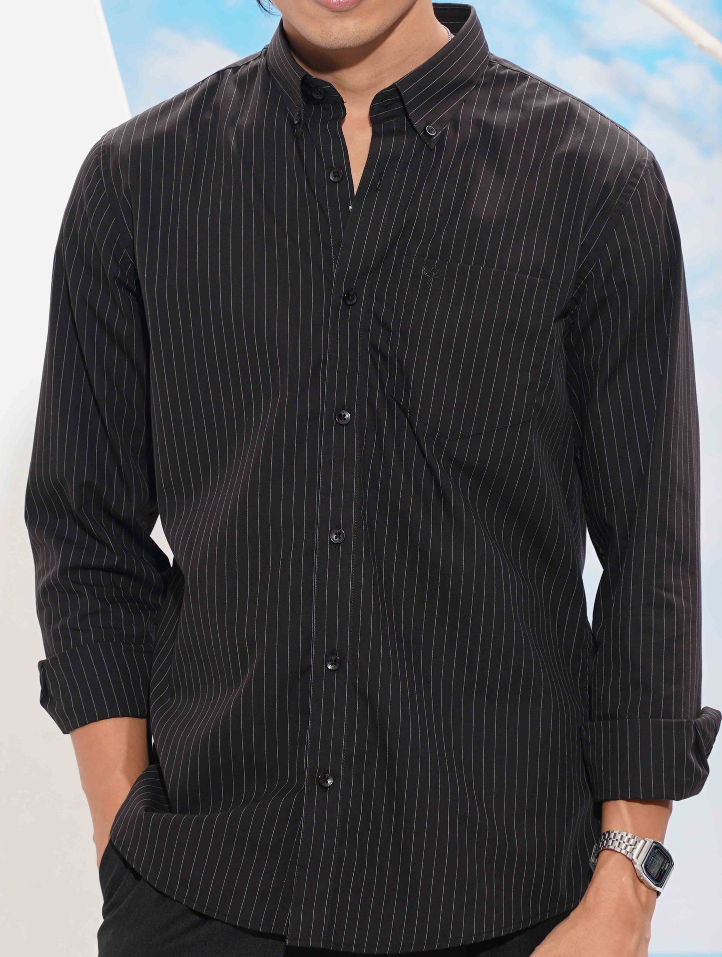 Black thin Stripe collar button Formal shirt