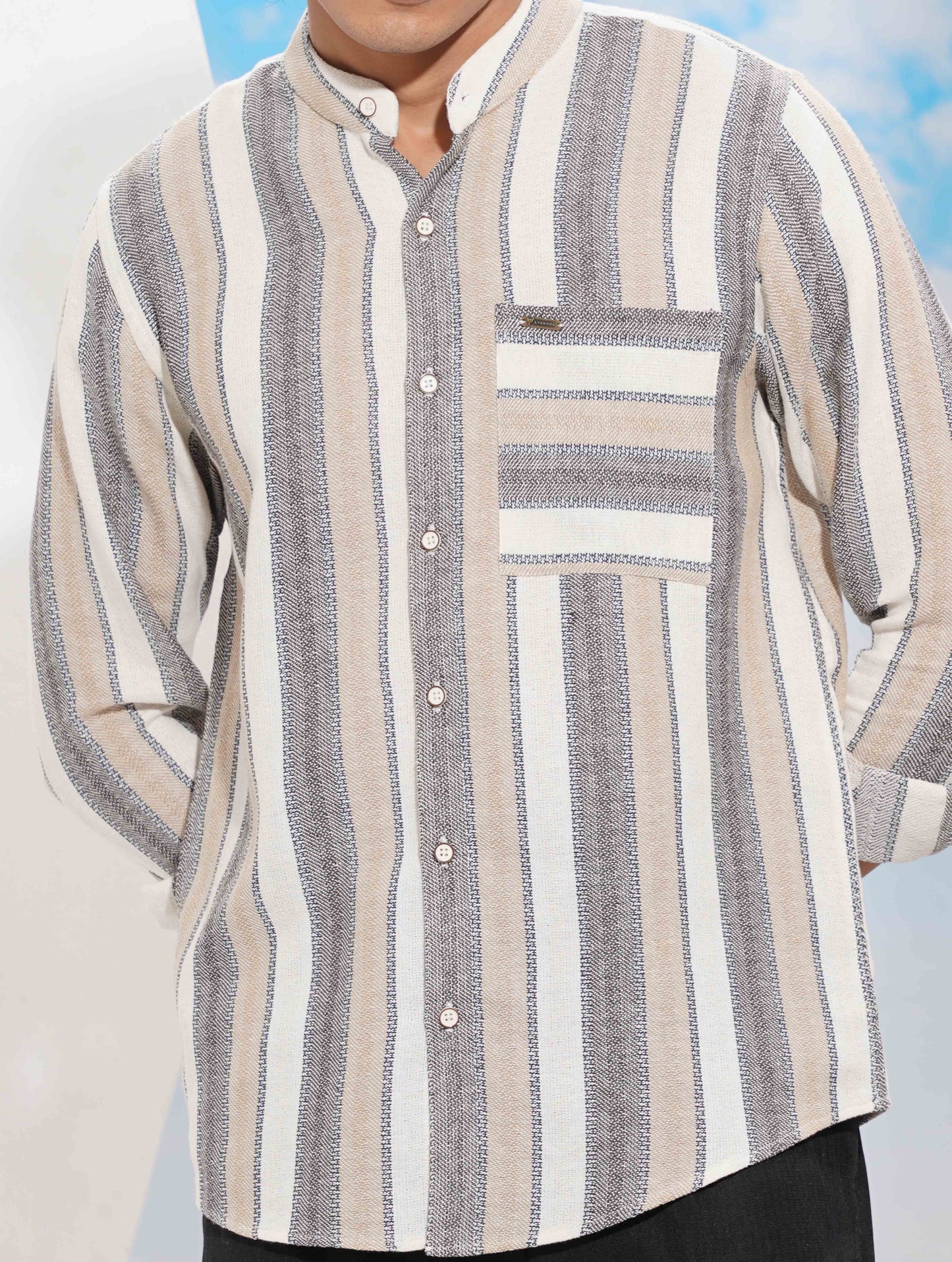 White ash cream stripe Band collar full sleeve shirt