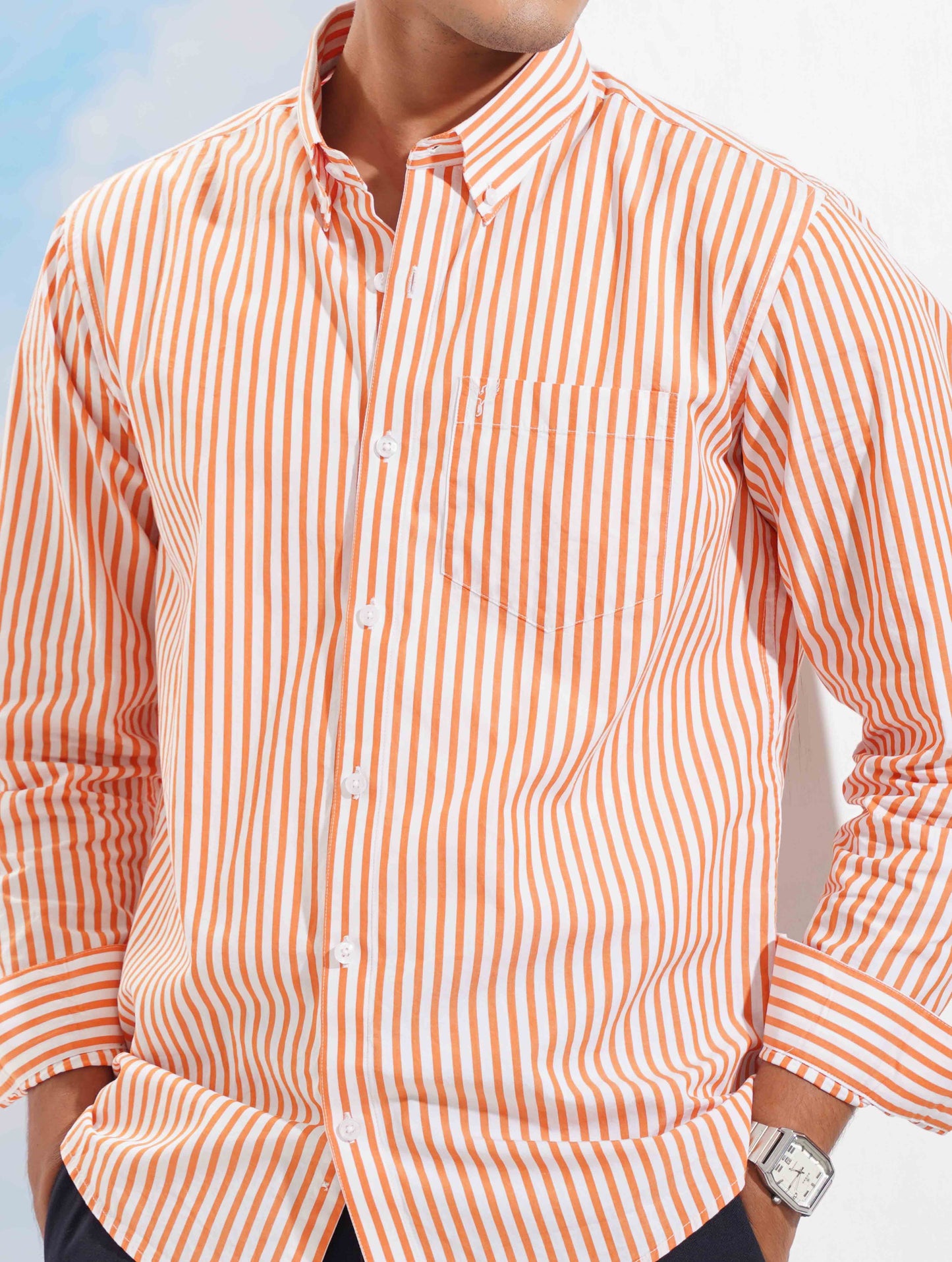 Orange white Stripe collar button Formal shirt