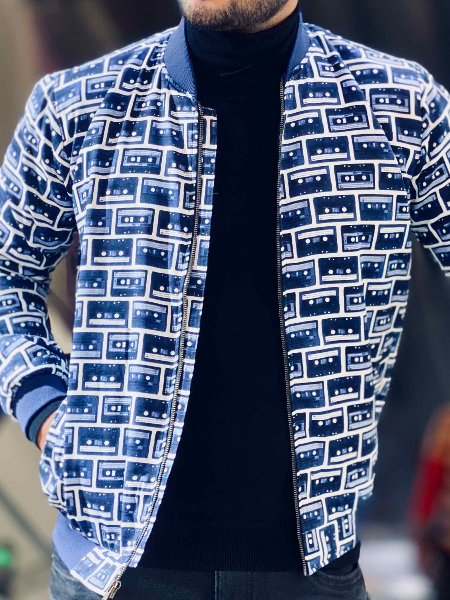 Blue cassette printed bomber jacket