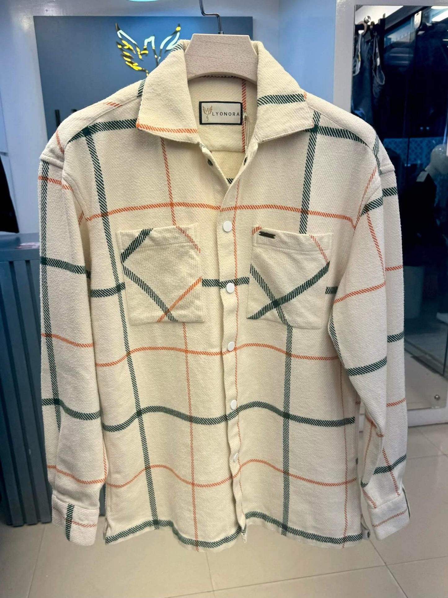 Cream green orange check premium shacket
