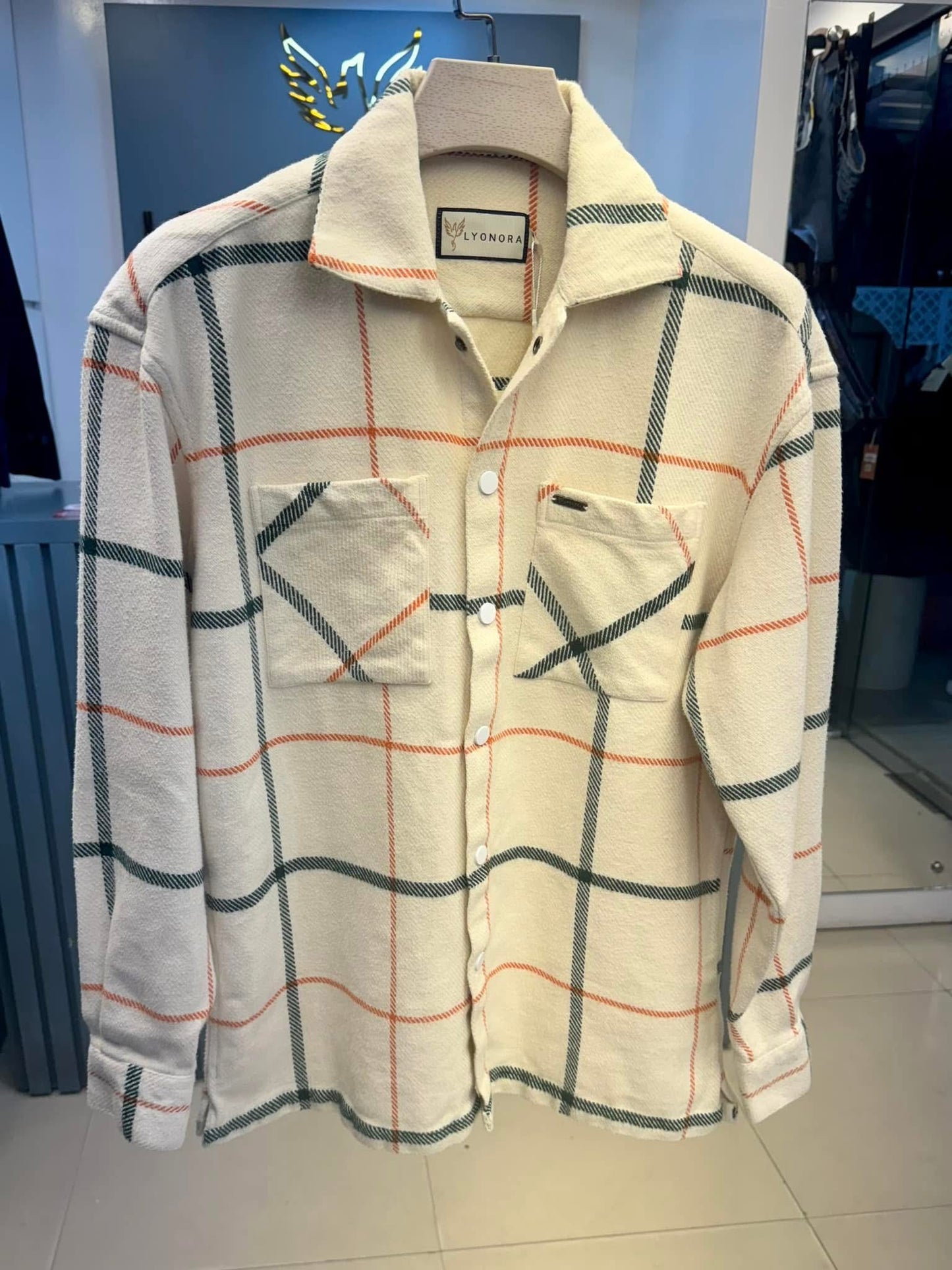 Cream green orange check premium shacket