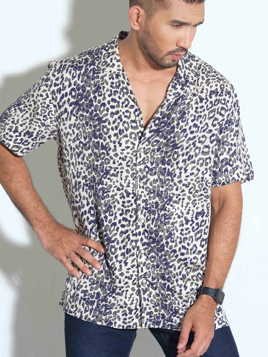 Blue leopard printed hawaiian shirt