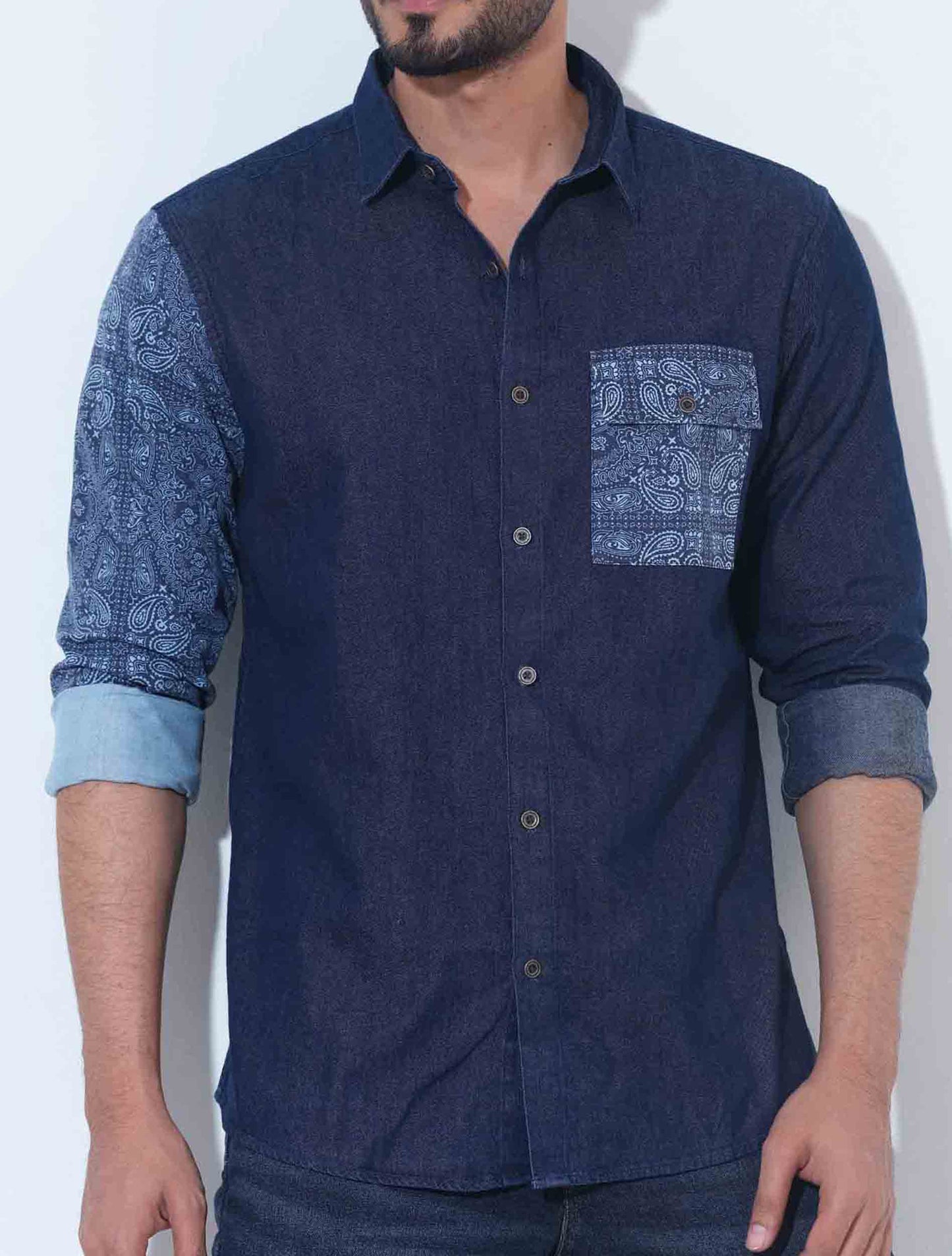 Blue pocket and hand contrast printed denim full sleeve shirt