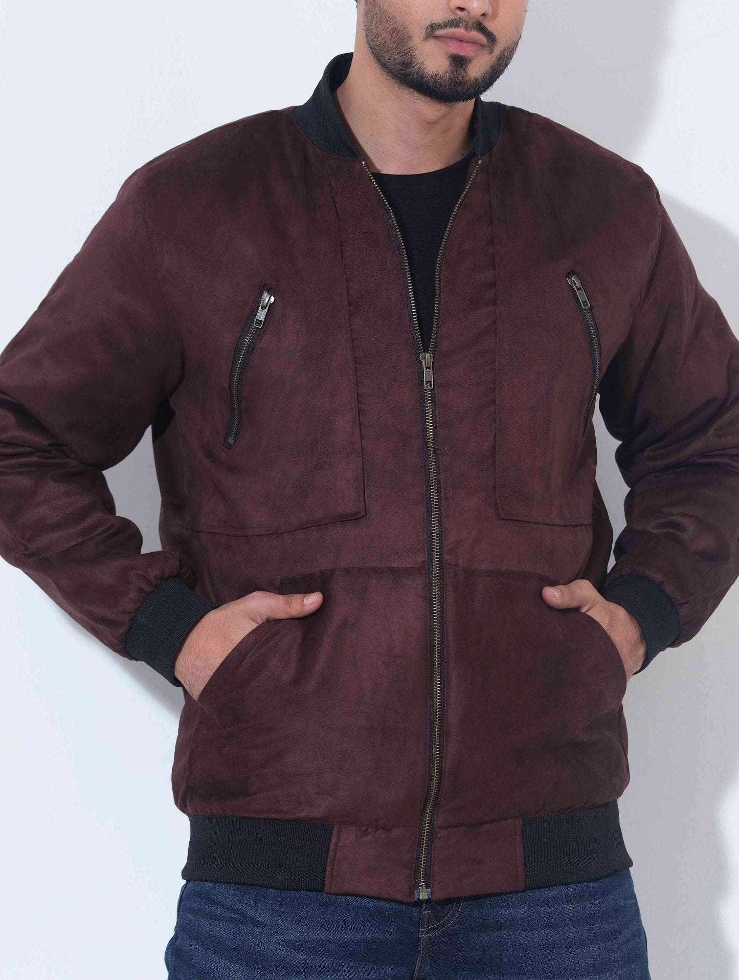 Coffee zipper contrast suede leather jacket