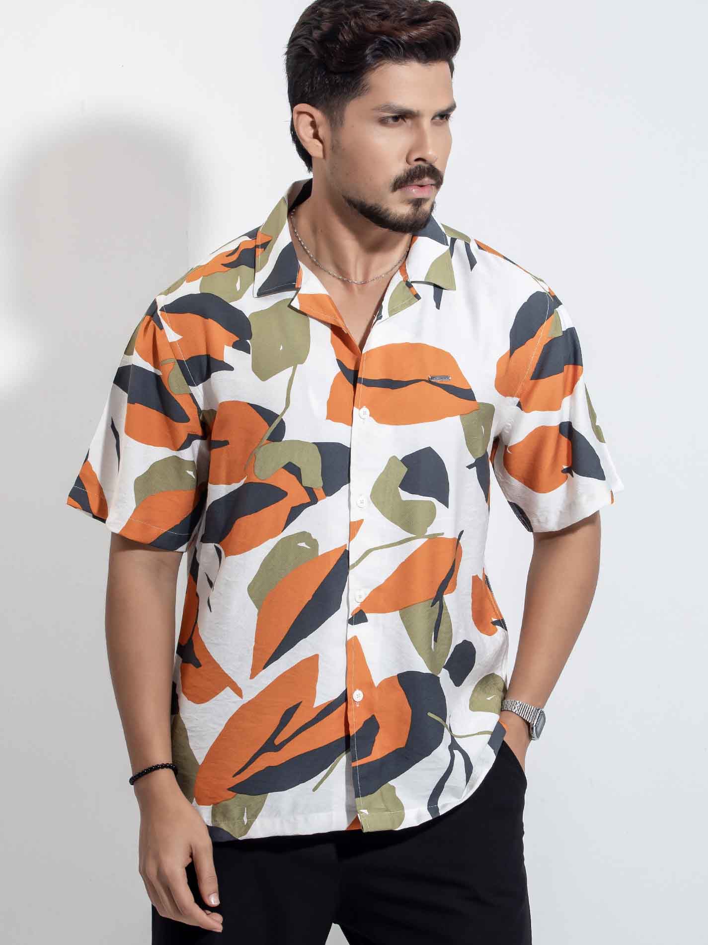White orange Gray printed Viscos havana shirt