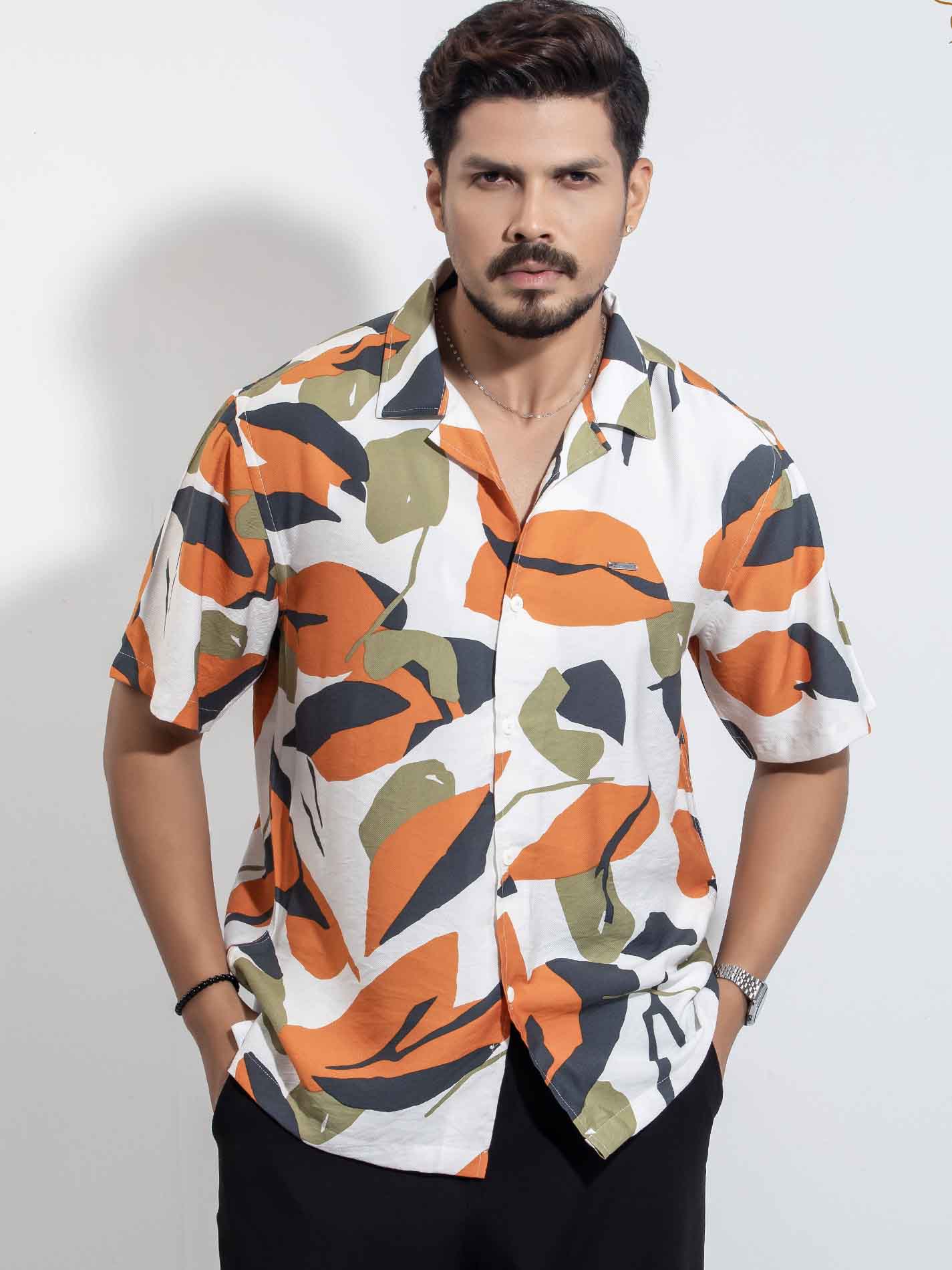 White orange Gray printed Viscos havana shirt
