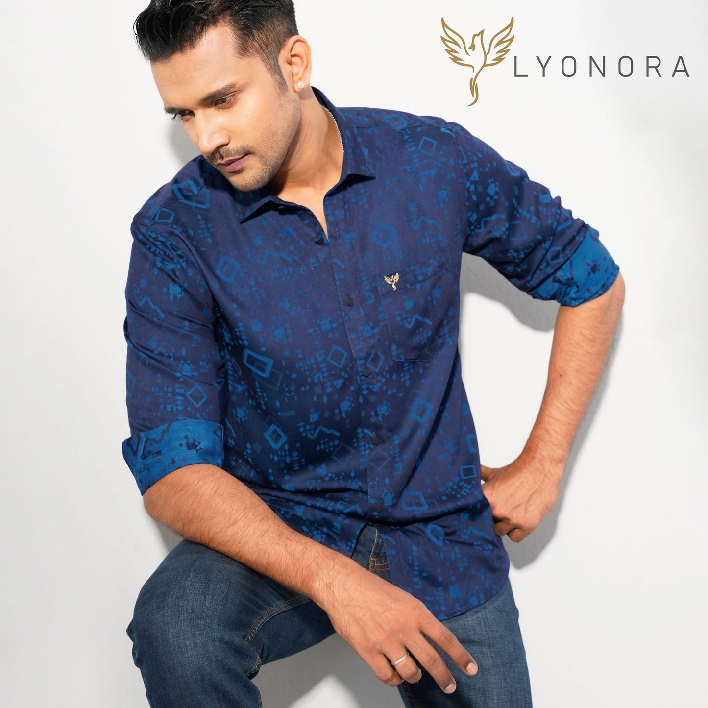 Blue Block printed bamboo silk full sleeve shirt