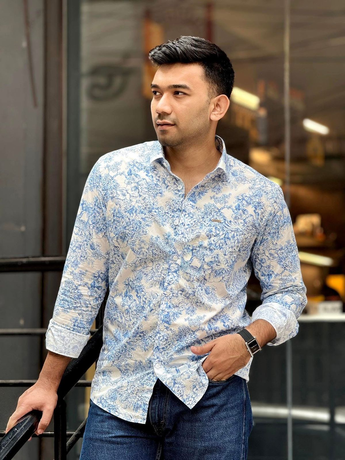 White Yale Blue Tree Branch Printed Full sleeve