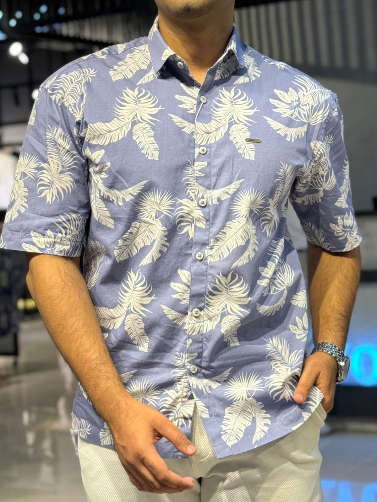 Azure Blue Printed Drop-shoulder Shirt