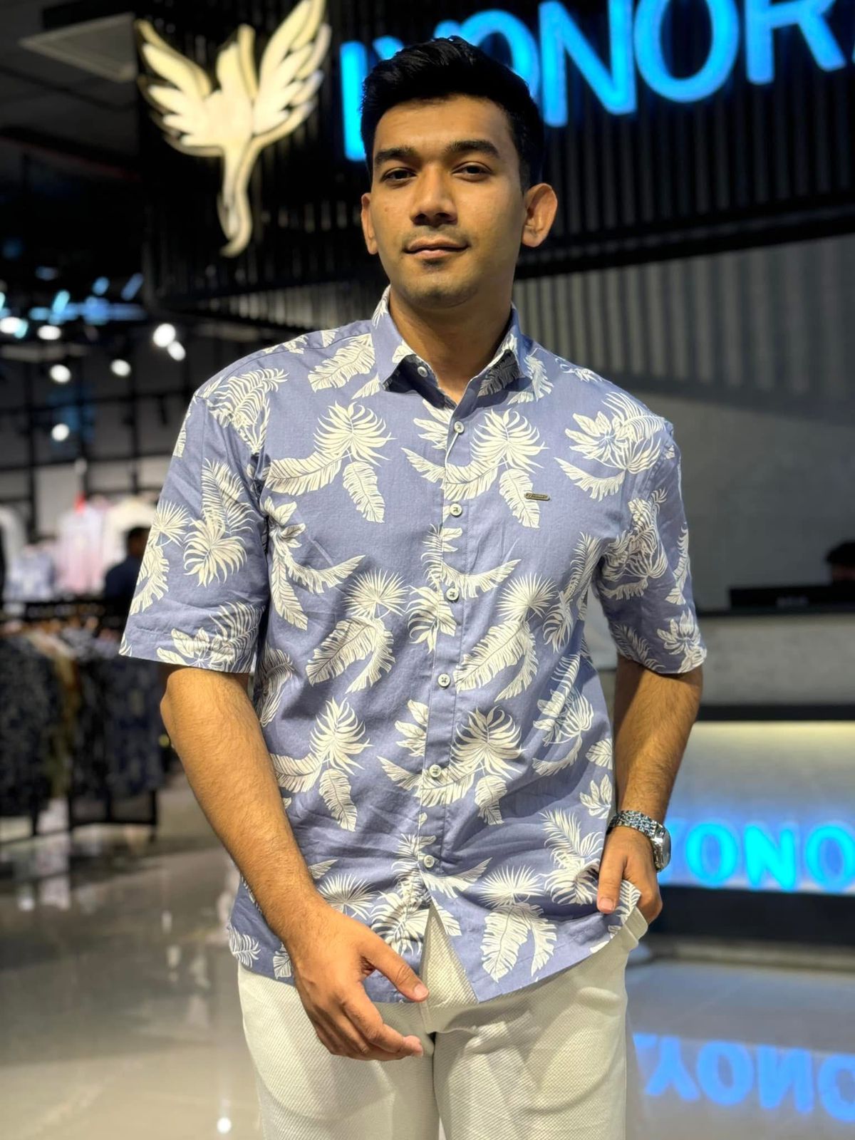 Azure Blue Printed Drop-shoulder Shirt