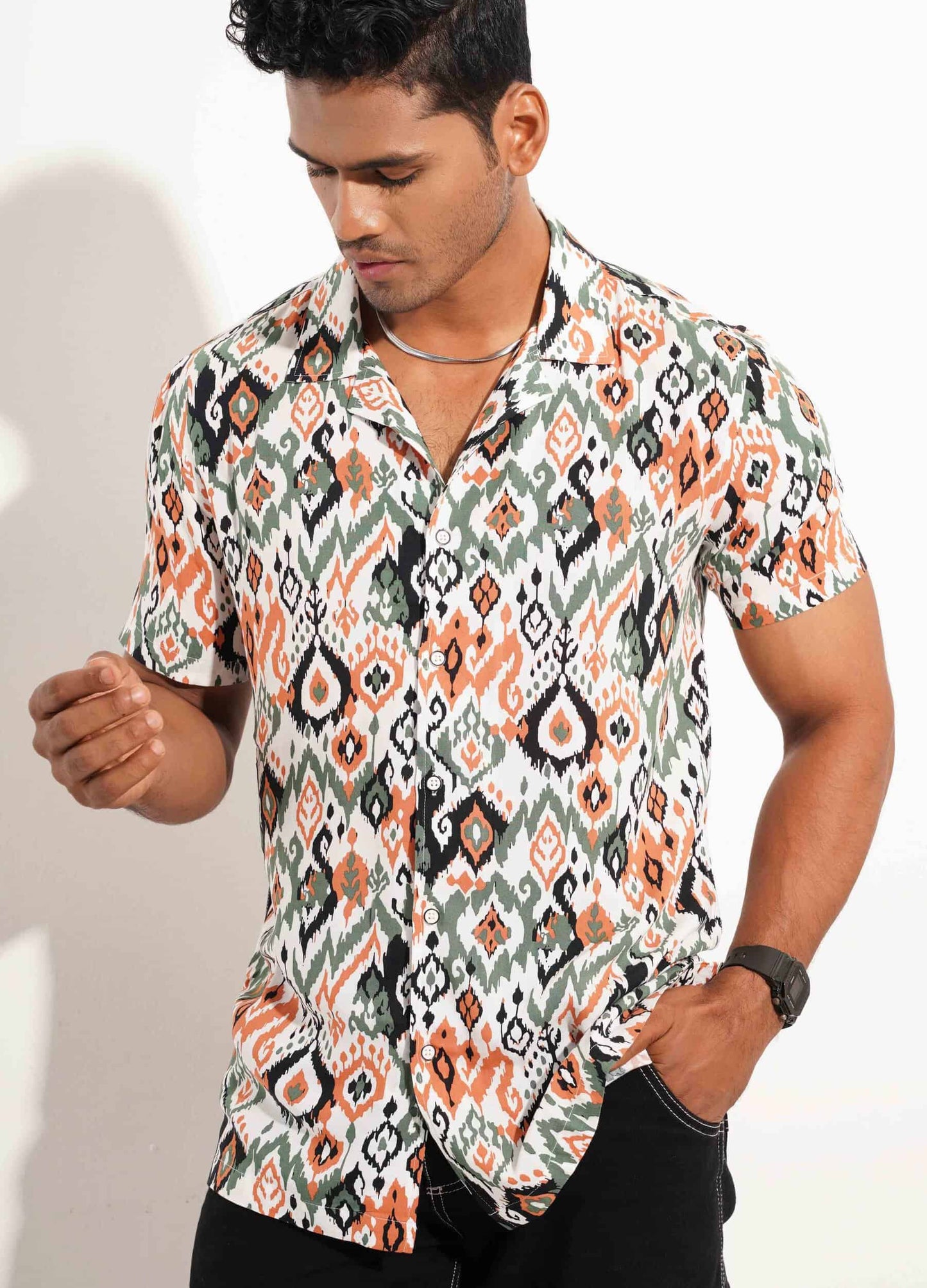 White-Yellow green pentagonal cube printed havana shirt